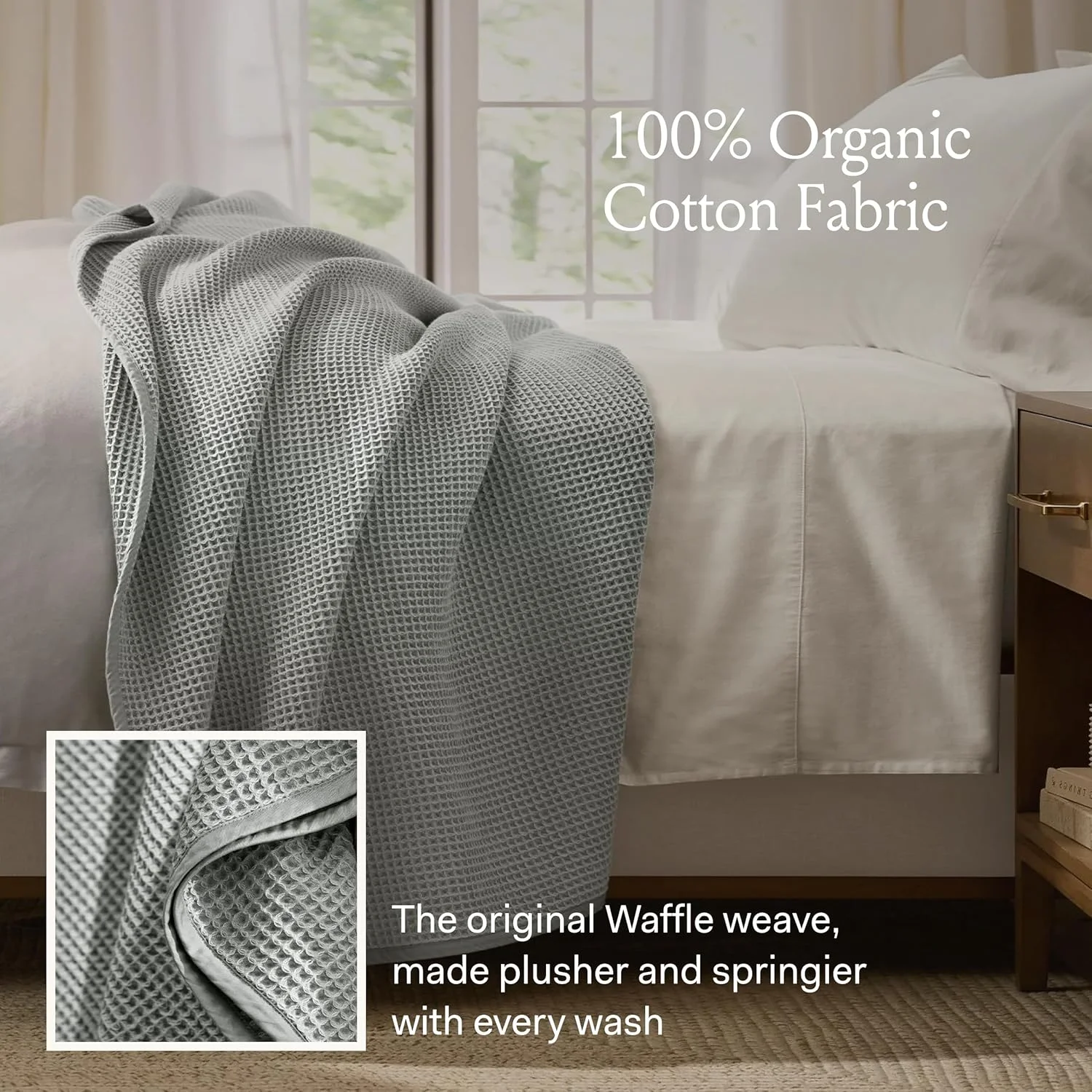پتوی وافل تخت خواب BOLL & BRANCH - کالای خواب لوکس 100% پنبه ارگانیک - نرم، سبک و قابل تنفس - طراحی بافت وافل مخملی و فنری - طبیعی، سایز Full/Queen