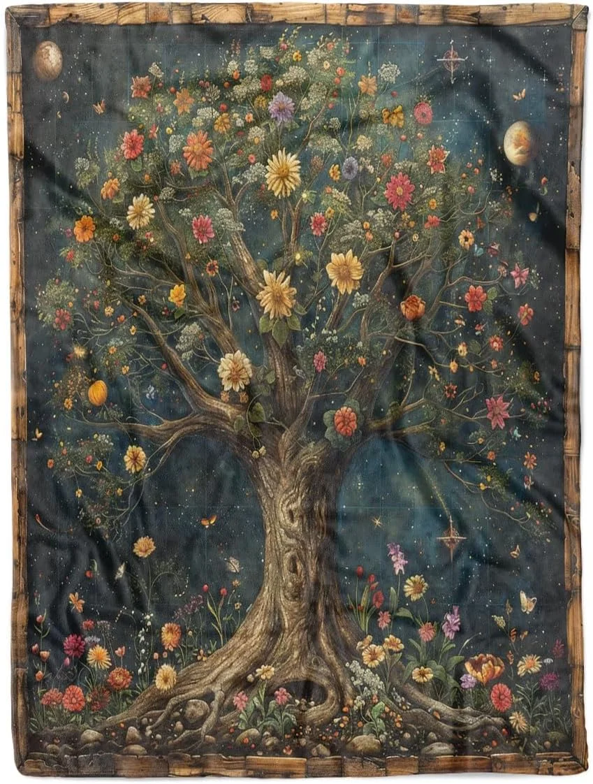 پتوی درخت زندگی، گل های رنگارنگ بوهمی قدیمی، پتوی نرم و لطیف، پتوی پشمی سبک و راحت، پتوی هدیه دنج برای خانواده و دوستان، تخت، مبل و مسافرت، 40" x 50"