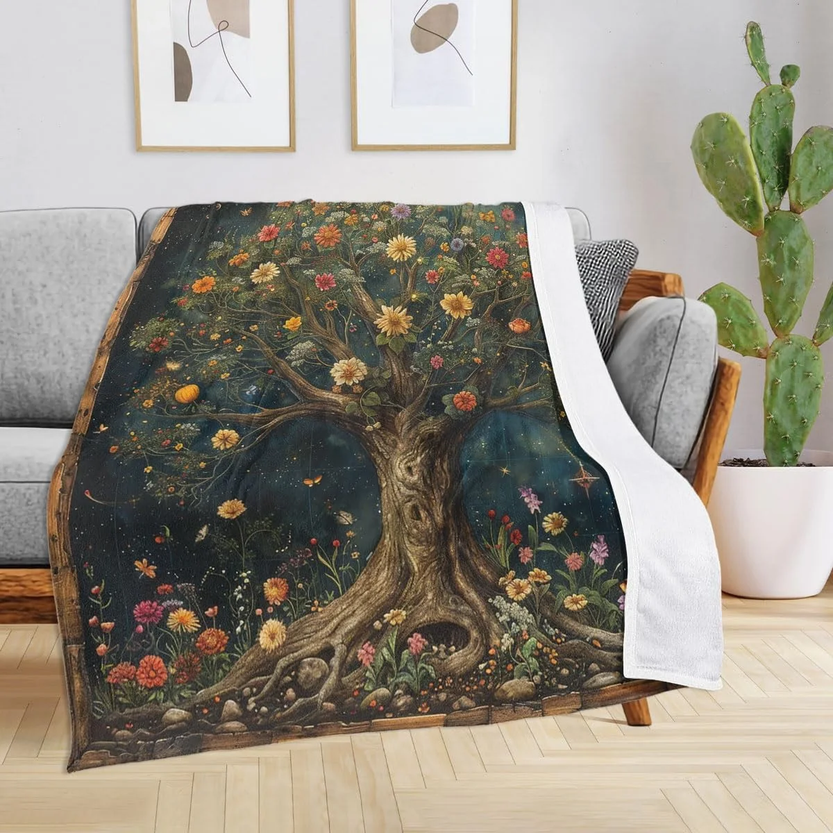 پتوی درخت زندگی، گل های رنگارنگ بوهمی قدیمی، پتوی نرم و لطیف، پتوی پشمی سبک و راحت، پتوی هدیه دنج برای خانواده و دوستان، تخت، مبل و مسافرت، 40" x 50"