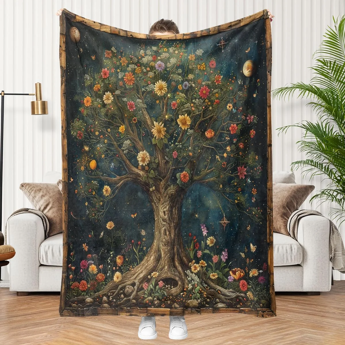پتوی درخت زندگی، گل های رنگارنگ بوهمی قدیمی، پتوی نرم و لطیف، پتوی پشمی سبک و راحت، پتوی هدیه دنج برای خانواده و دوستان، تخت، مبل و مسافرت، 40" x 50"