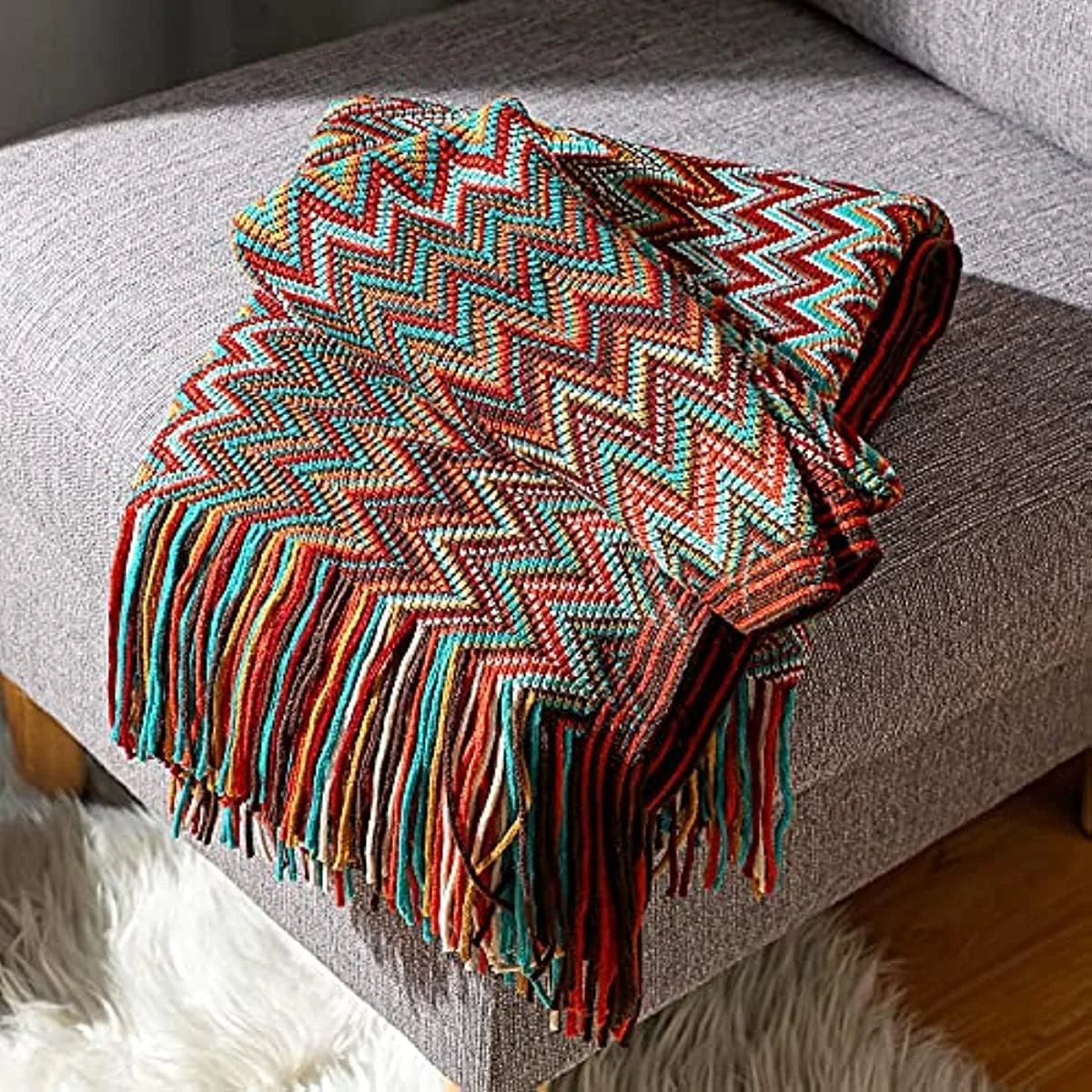 پتوهای طرح بوهمی، پتوهای بافتنی منگوله دار بوهمی، پتوهای تزئینی فوق العاده نرم و سبک وزن برای مبل، تخت، کاناپه، پتو مسافرتی - مناسب تمام فصول (قرمز 127x152 سانتی متر)