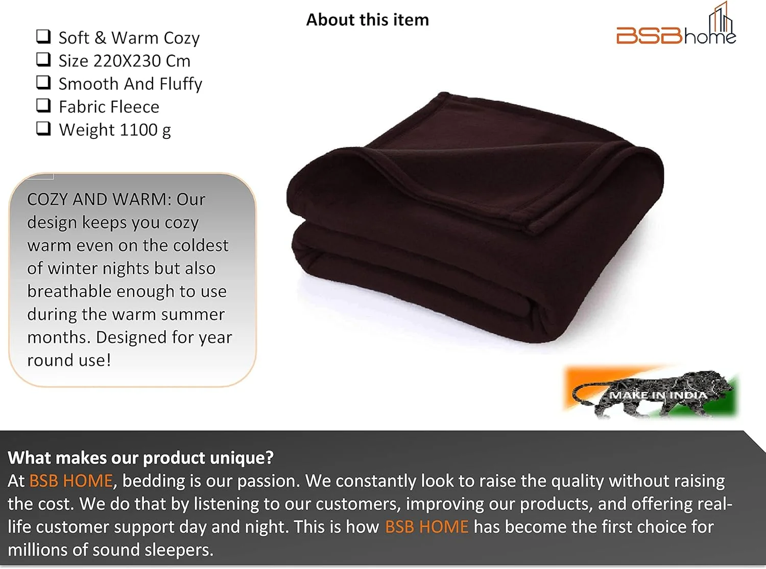 پتوی پلار فلیس ساده/تک رنگ چهار فصل BSB HOME | مناسب تخت دو نفره 220X230 سانتی متر، قهوه ای و کرم، 200TC