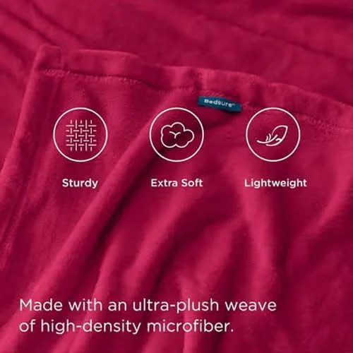 پتوی تک نفره مخمل خواب دار ممتاز BSB HOME با وزن 300 گرم – پتوی پشمی فلانل نرم و گرم برای تخت، مبل، مسافرت و کمپینگ – طرح قرمز یکدست، فوق العاده راحت، سبک وزن 150x220 سانتی متر