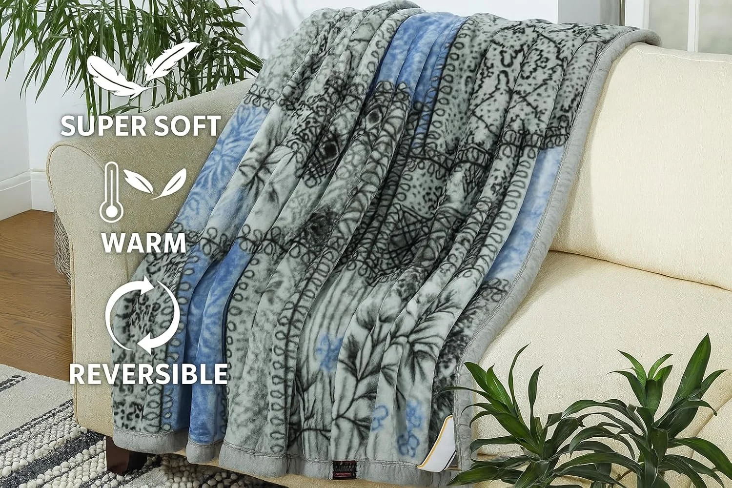 پتوی دونفره فوق العاده نرم و ابری طرح دار BSB HOME مناسب برای زمستان های سنگین، پتوی مینک یک لایه سایز کینگ با ابعاد 220x230 سانتی متر - 3.5 کیلوگرم (خاکستری و آبی، بسته 1 عددی)