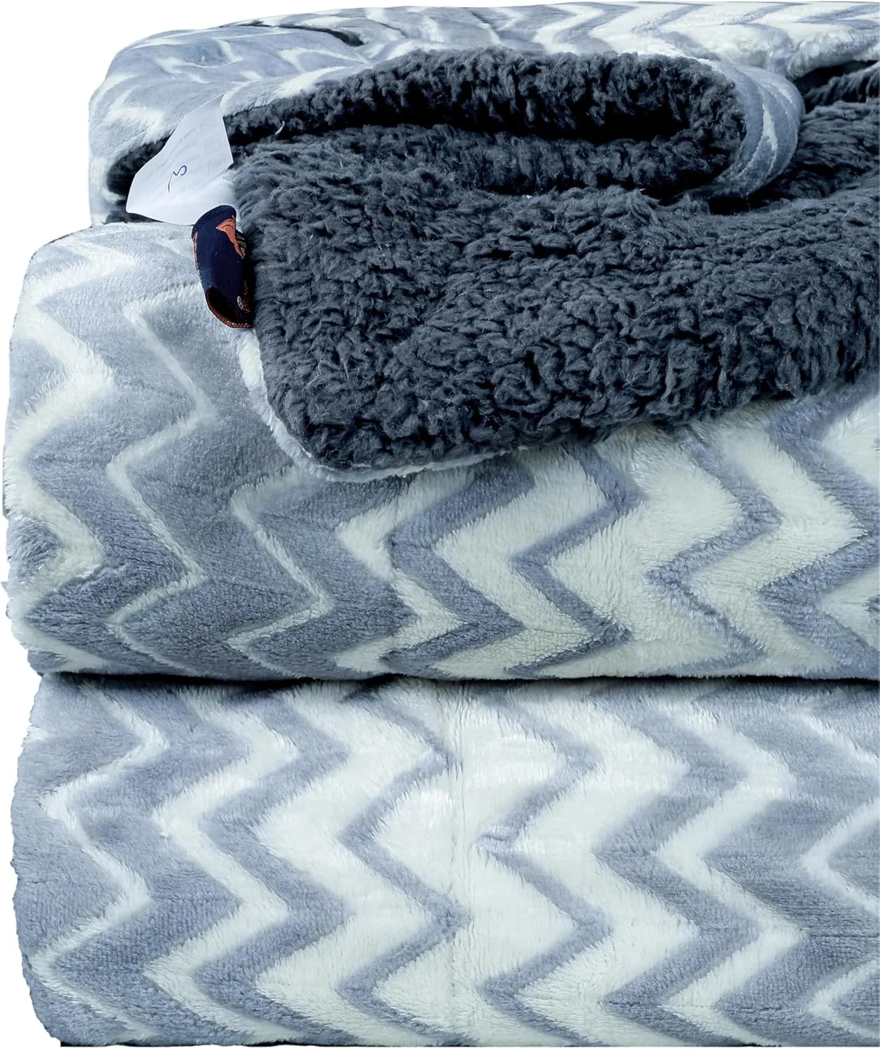 پتوی شرپا BSB HOME، پتوی فلانل زیگزاگی - 220 x 240 سانتی متر، نرم، مخمل خواب دار، کرکی، فازی، گرم، دنج، ایده آل برای مبل، تخت، کاناپه، صندلی - پتوی برگشت پذیر، پتوی AC سایز کینگ - سفید نقره ای و خاکستری