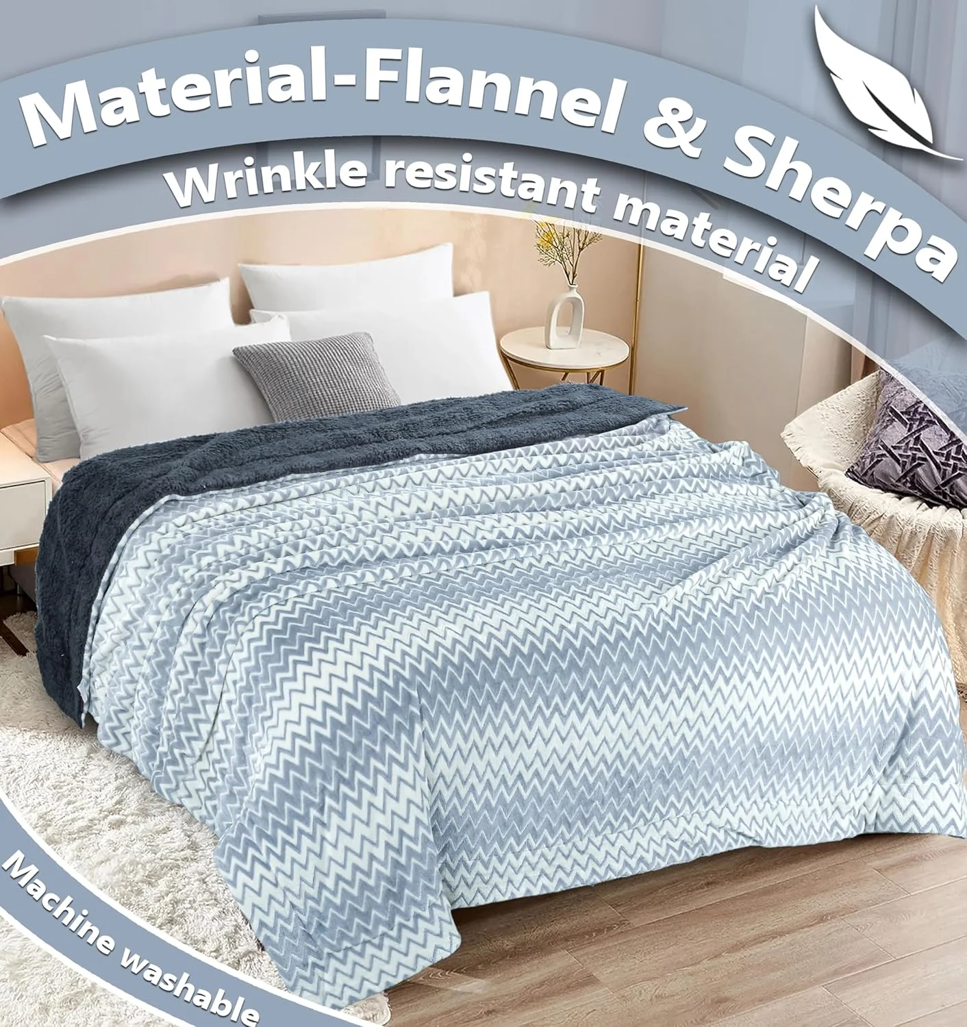 پتوی شرپا BSB HOME، پتوی فلانل زیگزاگی - 220 x 240 سانتی متر، نرم، مخمل خواب دار، کرکی، فازی، گرم، دنج، ایده آل برای مبل، تخت، کاناپه، صندلی - پتوی برگشت پذیر، پتوی AC سایز کینگ - سفید نقره ای و خاکستری