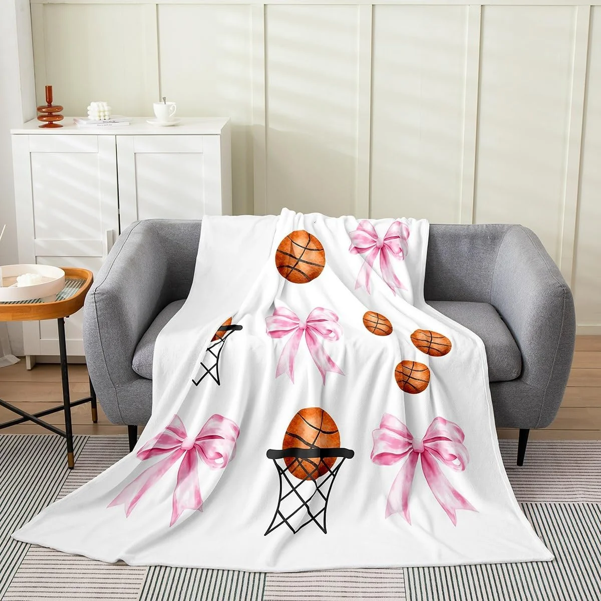 پتو فلانل بسکتبال Castle Fairy برای کودکان، پتو پشمی فلانل ورزشی دخترانه با طرح پاپیون، سایز 40"x50"، پتو فازی حلقه بسکتبال پاپیونی صورتی، پتوهای تختخواب ورزشی دخترانه