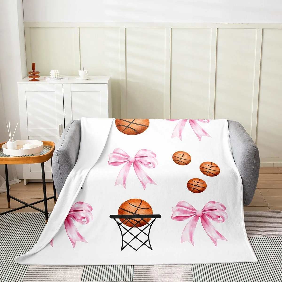 پتو فلانل بسکتبال Castle Fairy برای کودکان، پتو پشمی فلانل ورزشی دخترانه با طرح پاپیون، سایز 40"x50"، پتو فازی حلقه بسکتبال پاپیونی صورتی، پتوهای تختخواب ورزشی دخترانه