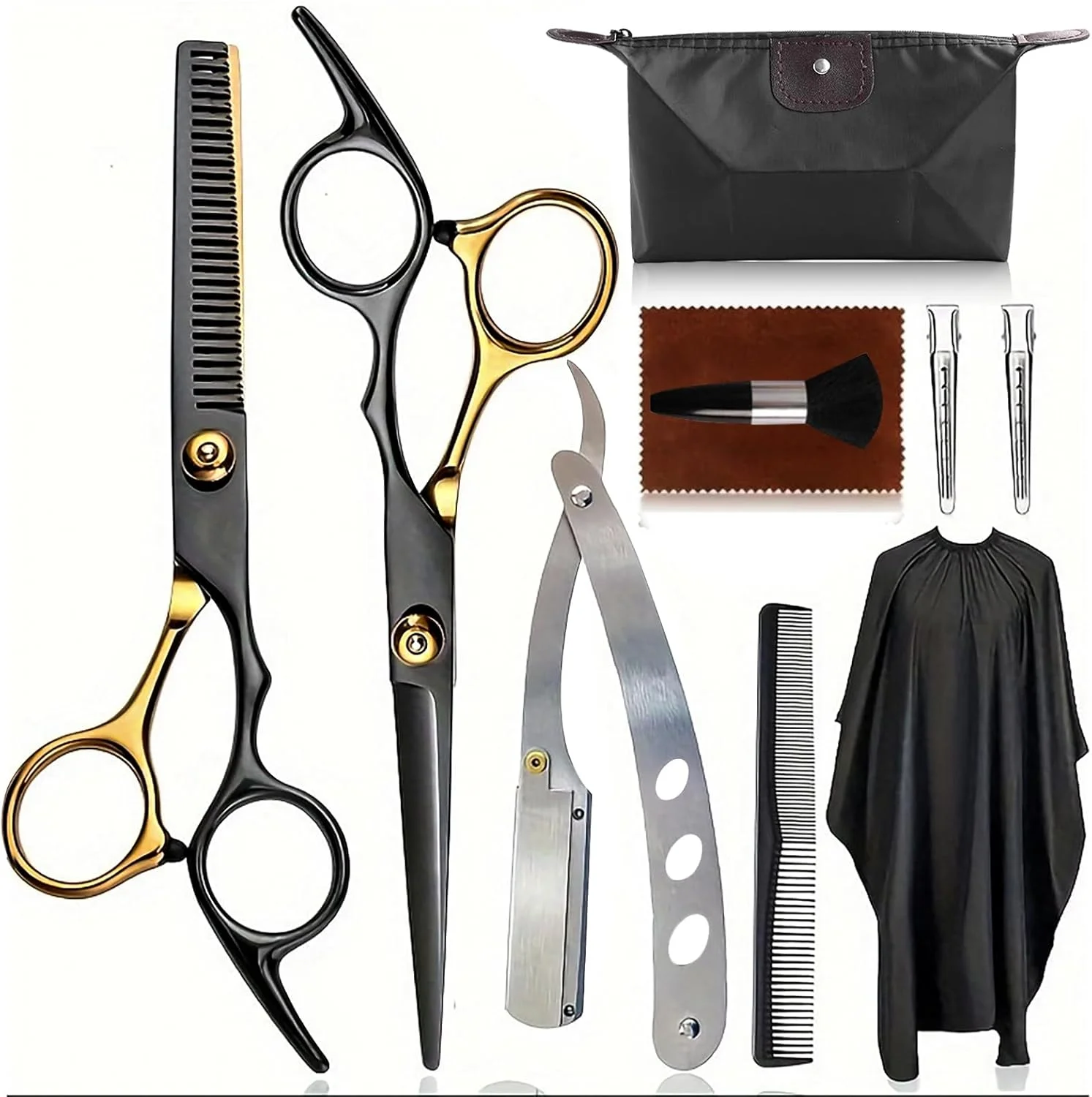 ست قیچی آرایشگری حرفه ای آپاکا 10 تکه برای مو، کیت قیچی اصلاح مو، قیچی آرایشگری، قیچی پیتاژ، تیغ اصلاح، شانه، شنل، گیره، برای آرایشگاه، سالن، خانه