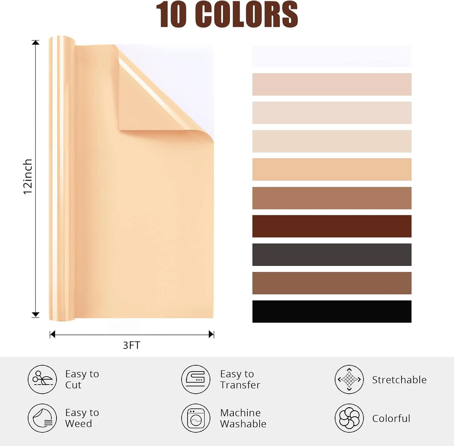 بسته وینیل حرارتی رنگ پوست HTVRONT - بسته 10 عددی رول های وینیل انتقال حرارت قهوه ای 12 اینچ × 3 فوت، وینیل حرارتی رنگ پوست برای تی شرت، بسته وینیل بژ با 10 رنگ متنوع