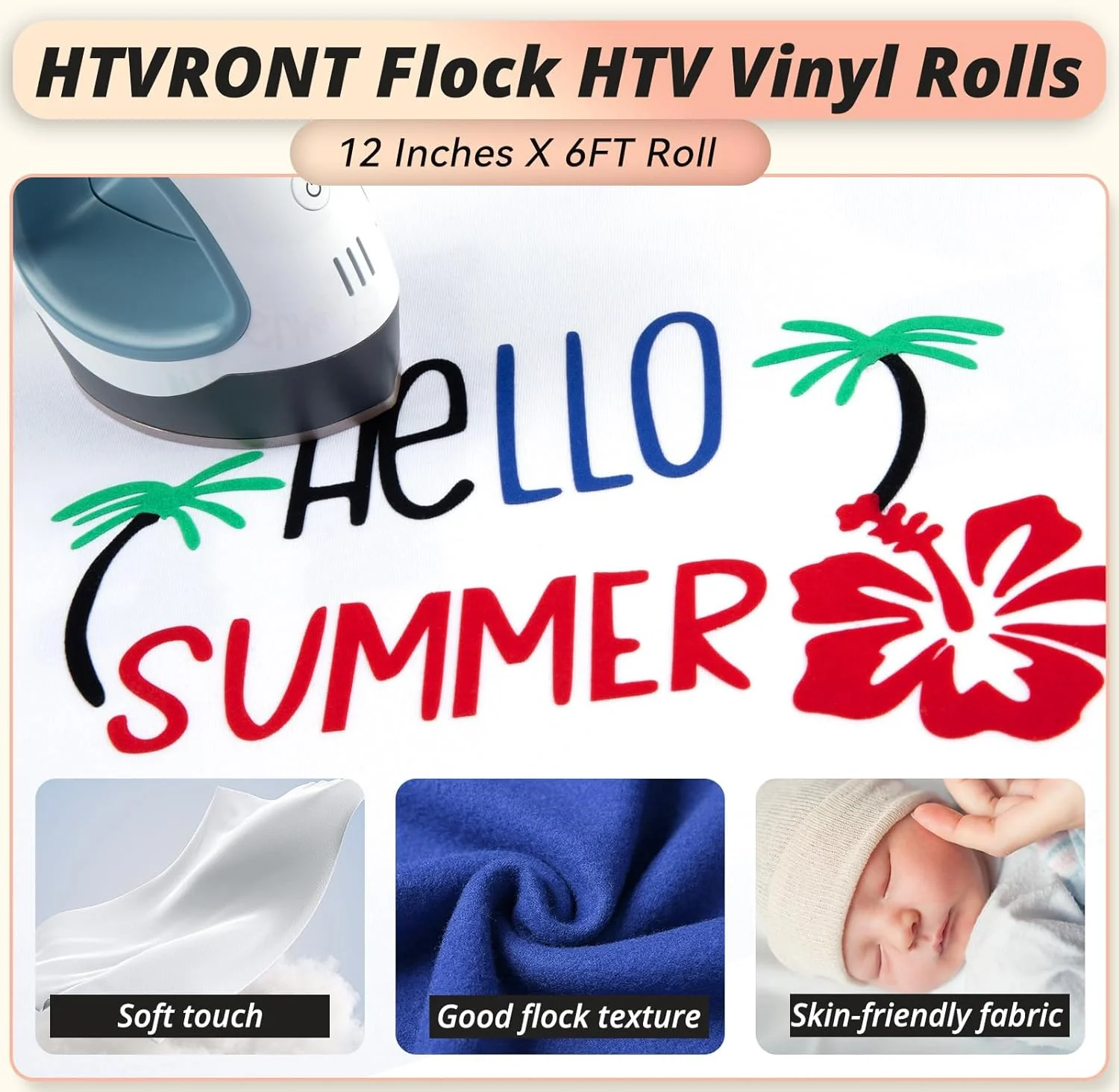 رول وینیل انتقال حرارت HTVRONT مخمل سفید - وینیل مخمل HTV با ابعاد 30.48 سانتی متر در 182.88 سانتی متر برای تی شرت، وینیل اتویی مخمل برای تمام دستگاه های برش - برش و جدا کردن آسان (سفید)