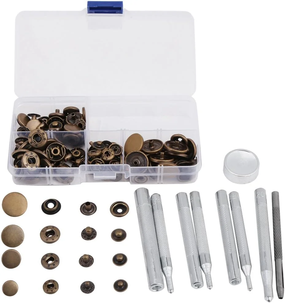 دکمه فشاری 40 عددی Walfront، دکمه های فلزی پرسی، لوازم جانبی بست، ابزار چرم دوزی به همراه جعبه نگهداری (برنزی) دکمه فشاری 40 عددی Walfront، دکمه های فلزی پرسی، لوازم جانبی بست، ابزار چرم دوزی به همراه جعبه نگهداری (برنزی)