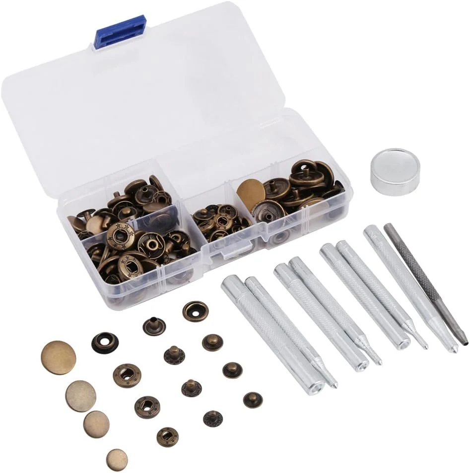 دکمه فشاری 40 عددی Walfront، دکمه های فلزی پرسی، لوازم جانبی بست، ابزار چرم دوزی به همراه جعبه نگهداری (برنزی)