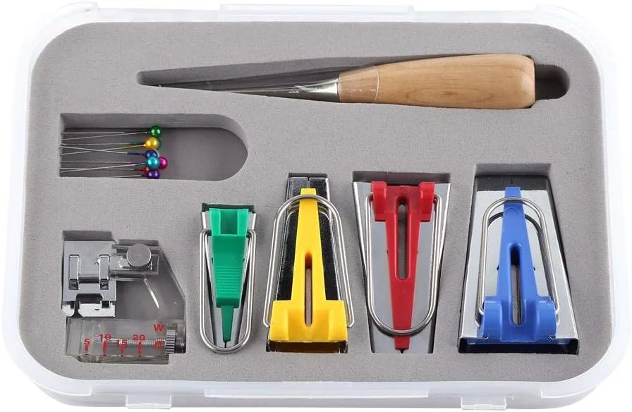 مجموعه ابزار نوار اریب ساز پارچه ای چند منظوره Walfront، ابزار ساخت تکه دوزی DIY به همراه پایه