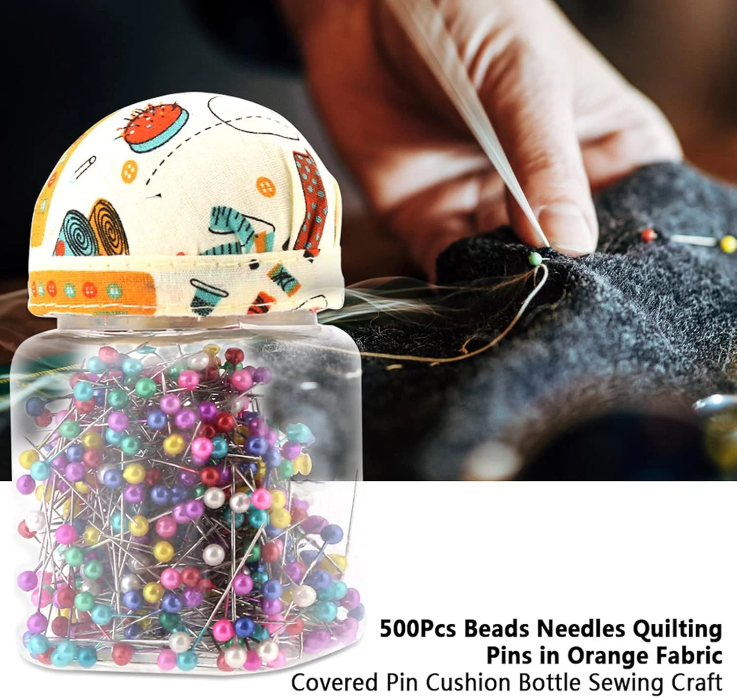 والفرانت 500 عدد سوزن ته گرد مرواریدی چند رنگ، مناسب خیاطی، لحاف دوزی و ساخت لوازم تزئینی، بسته بندی شده در بطری پلاستیکی