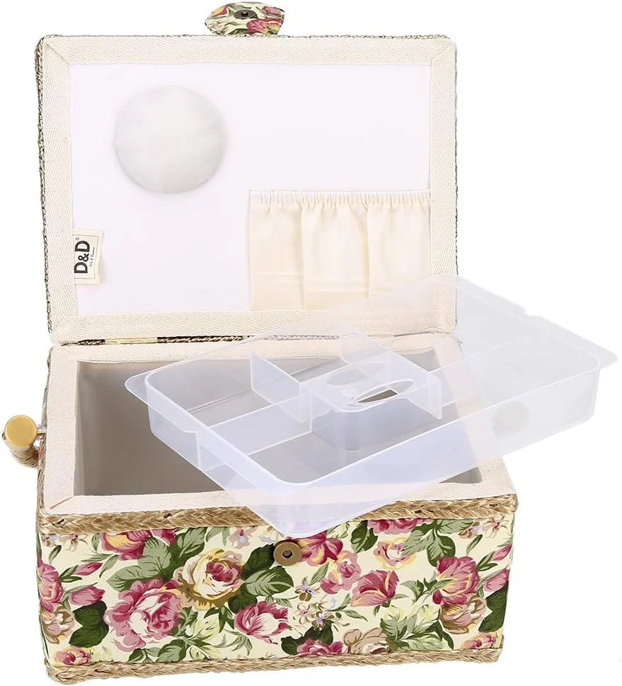 سبد خیاطی Walfront، سبد ذخیره سازی چوبی دست ساز در 3 رنگ، جعبه ذخیره سازی کیت خیاطی پارچه ای با دسته و سینی قابل جابجایی برای لوازم جانبی خیاطی (1)