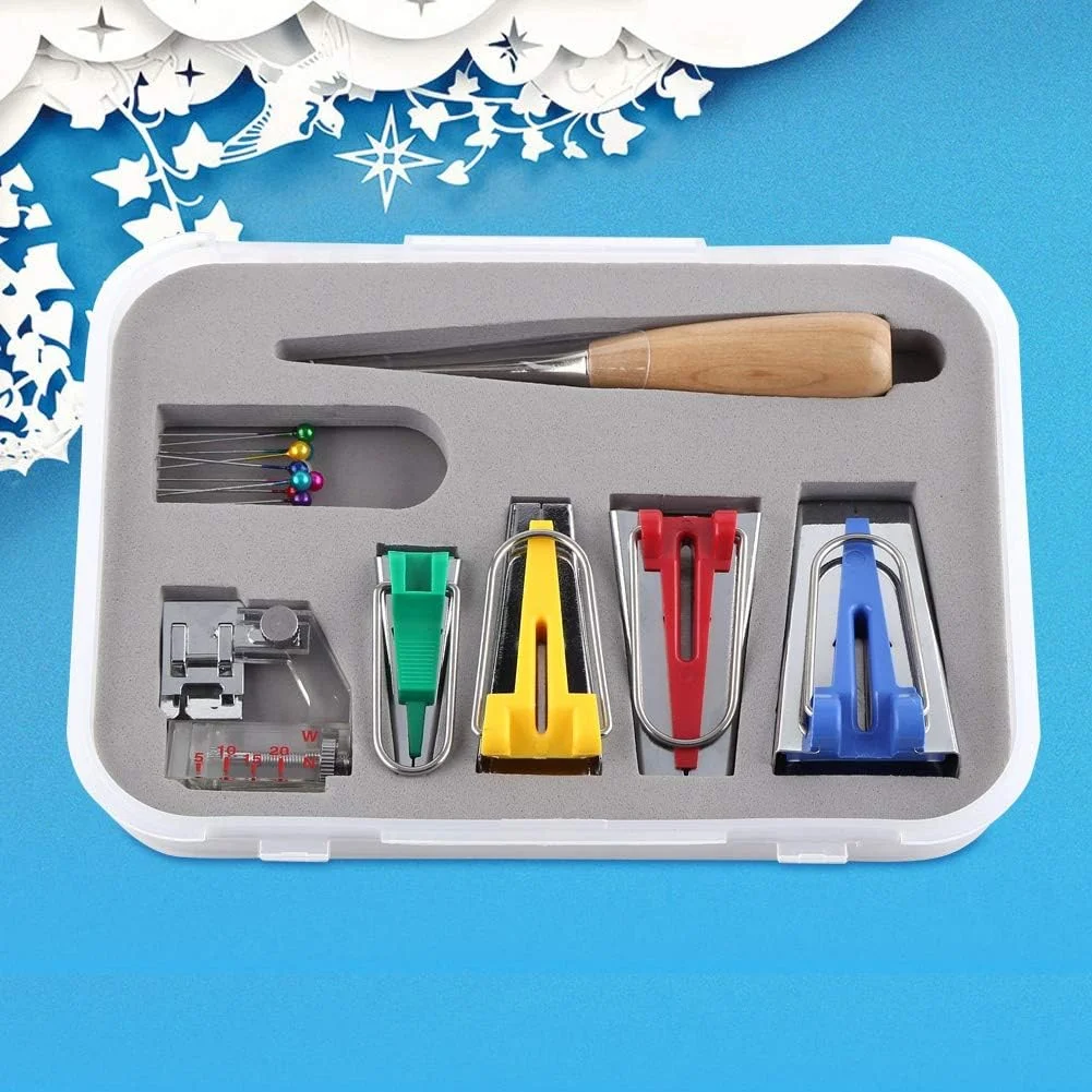 مجموعه ابزار نوار اریب ساز پارچه ای چند منظوره Walfront، ابزار ساخت تکه دوزی DIY به همراه پایه