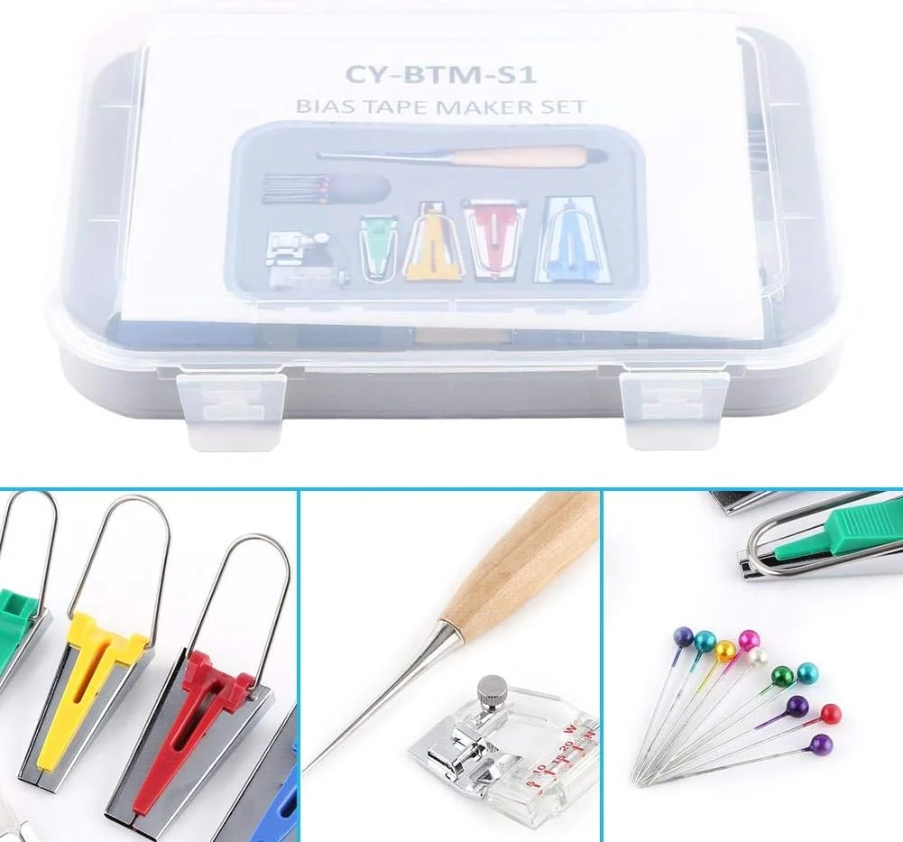 مجموعه ابزار نوار اریب ساز پارچه ای چند منظوره Walfront، ابزار ساخت تکه دوزی DIY به همراه پایه