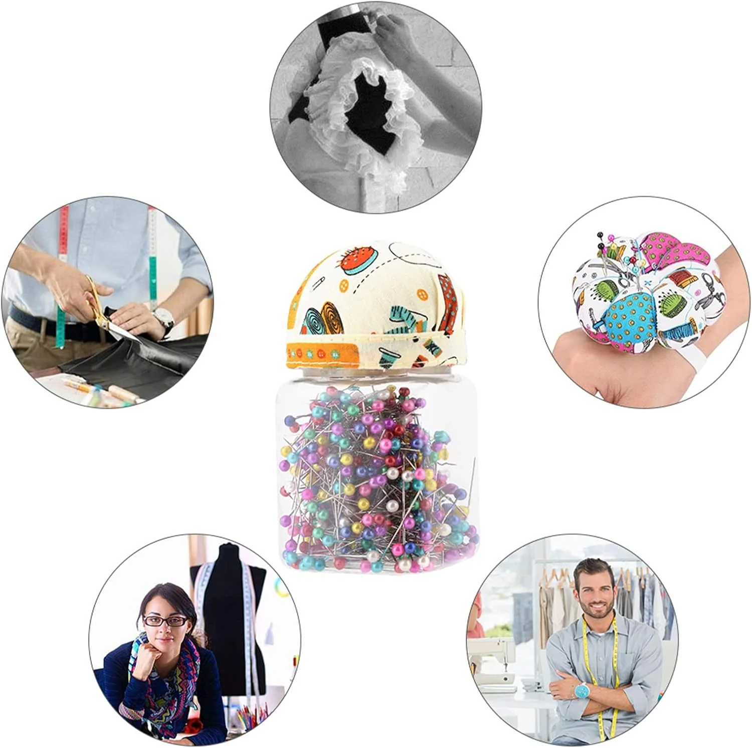 والفرانت 500 عدد سوزن ته گرد مرواریدی چند رنگ، مناسب خیاطی، لحاف دوزی و ساخت لوازم تزئینی، بسته بندی شده در بطری پلاستیکی