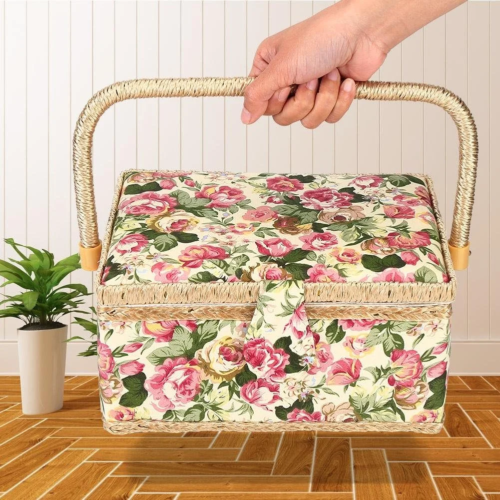 سبد خیاطی Walfront، سبد ذخیره سازی چوبی دست ساز در 3 رنگ، جعبه ذخیره سازی کیت خیاطی پارچه ای با دسته و سینی قابل جابجایی برای لوازم جانبی خیاطی (1)