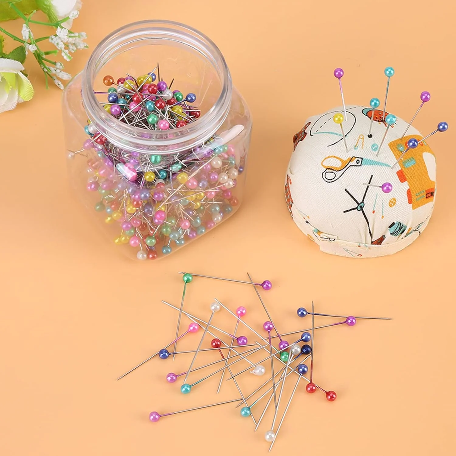 والفرانت 500 عدد سوزن ته گرد مرواریدی چند رنگ، مناسب خیاطی، لحاف دوزی و ساخت لوازم تزئینی، بسته بندی شده در بطری پلاستیکی