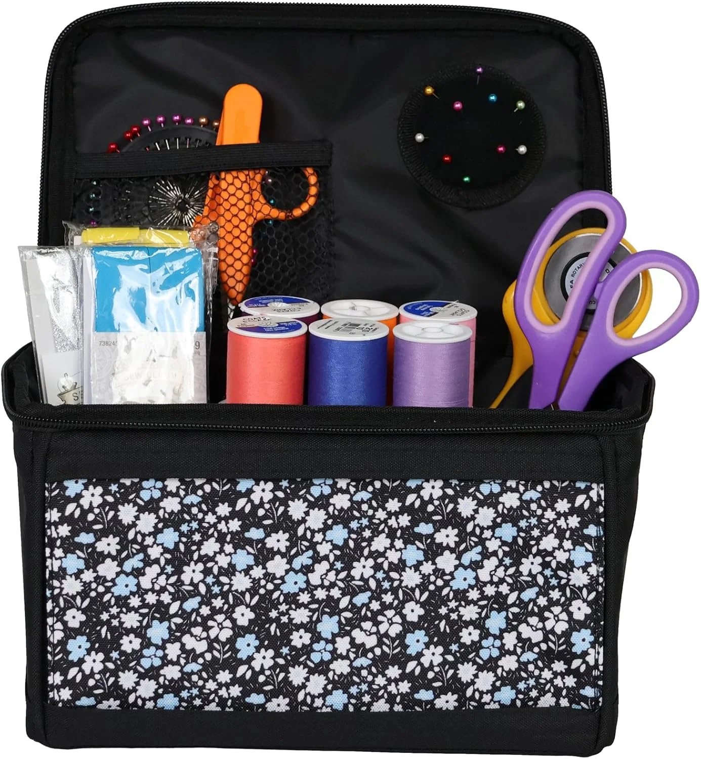 جعبه نظم دهنده لوازم خیاطی Everything Mary، طرح گل آبی - سبد نگهداری لوازم و وسایل جانبی - سازماندهی نخ، سوزن، لوازم خرازی و قیچی - کیف دستی قابل حمل