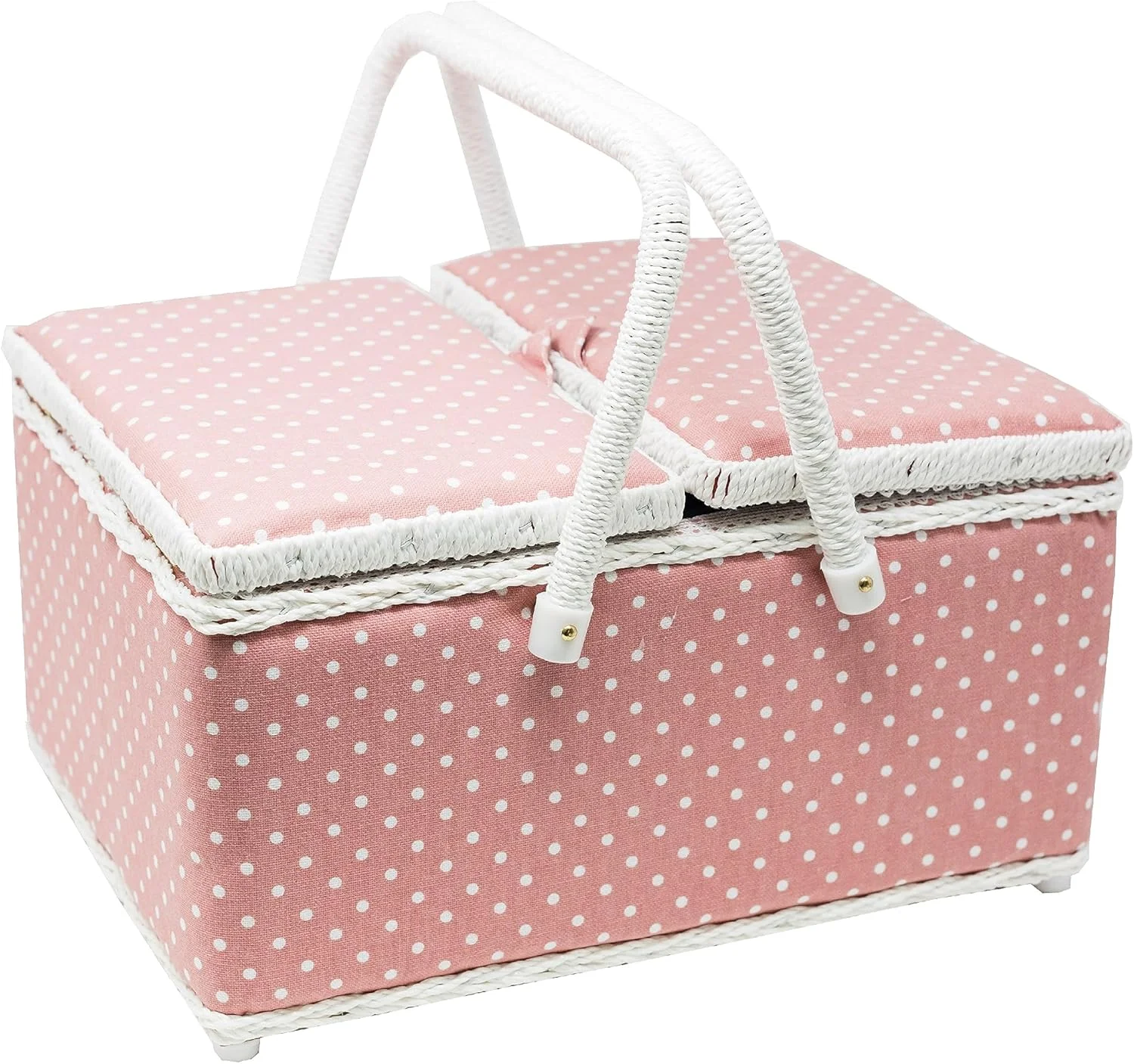 سبد خیاطی Korbond - درب دوقلو - طرح خال خال صورتی - 17 سانتی متر x 24 سانتی متر x 31 سانتی متر