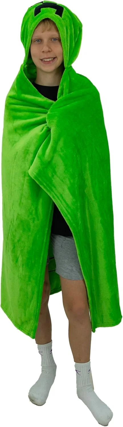 پتو کلاه دار پشمی طرح Minecraft از Character World | پتو بازی نرم و گرم سبز رنگ | مناسب برای خانه، اتاق خواب، مهمانی های شبانه و کمپینگ | سایز 100 x 120 سانتی متر