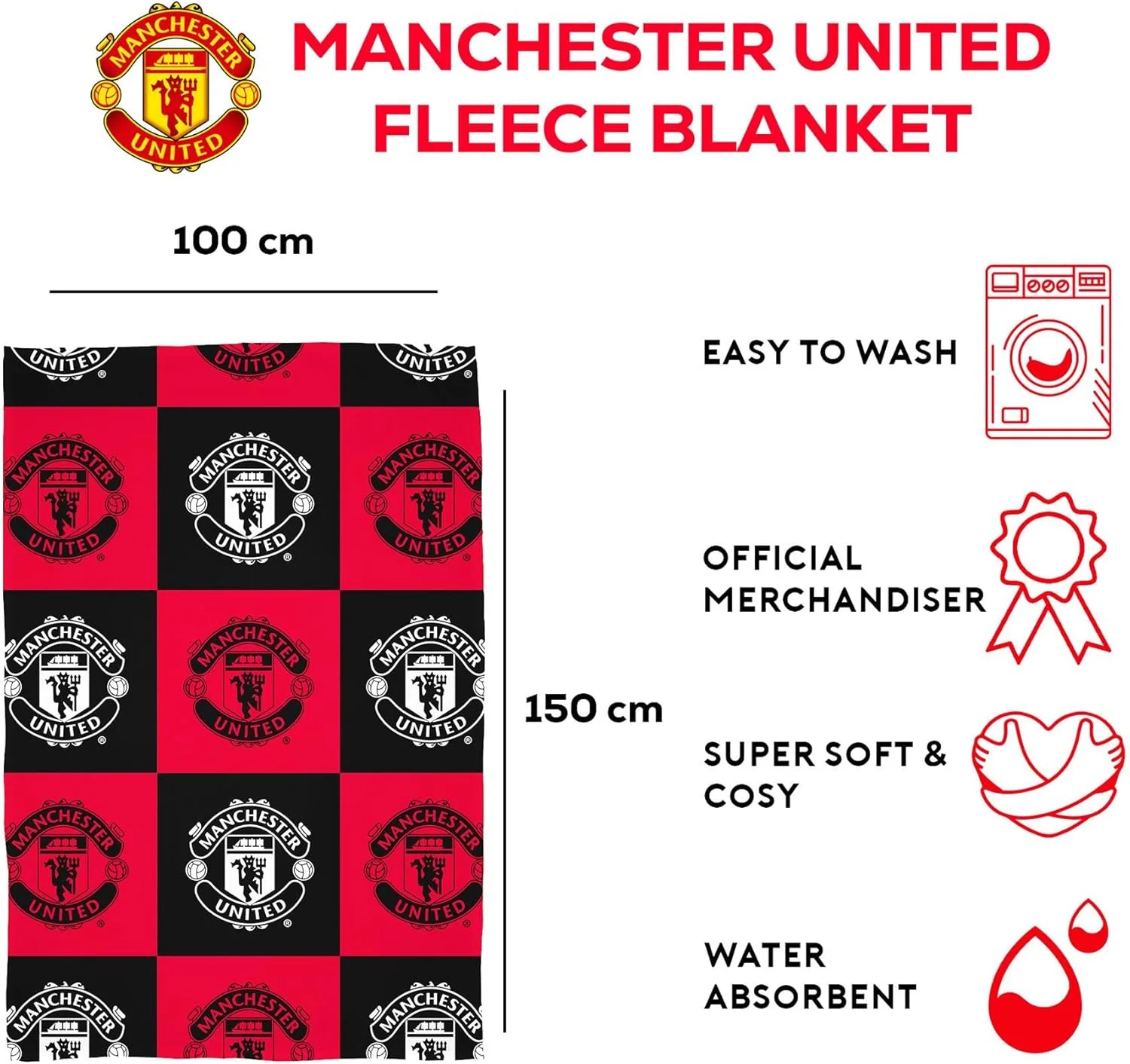 پتو پشمی طرح منچستر یونایتد Character World | فوق العاده نرم | طرح شطرنجی قرمز، مشکی و سفید | پتویی گرم و راحت | ایده آل برای خانه، اتاق خواب، مهمانی های شبانه و کمپینگ