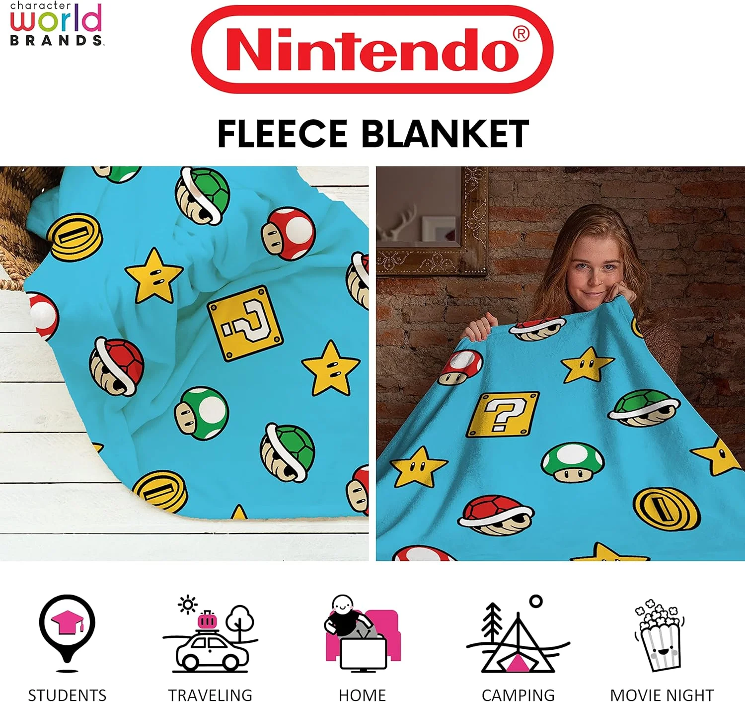 پتو پشمی سوپر ماریو با مجوز رسمی نینتندو از Character World | پرتابی فوق العاده نرم و گرم، طرح بازی ادامه دارد | ایده آل برای اتاق خواب، کمپینگ و مهمانی های شبانه