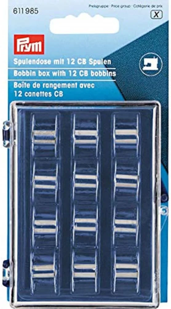 جعبه قرقره پریم + 12 عدد ماسوره فلزی چرخ خیاطی CB، 3x7x9 سانتی متر