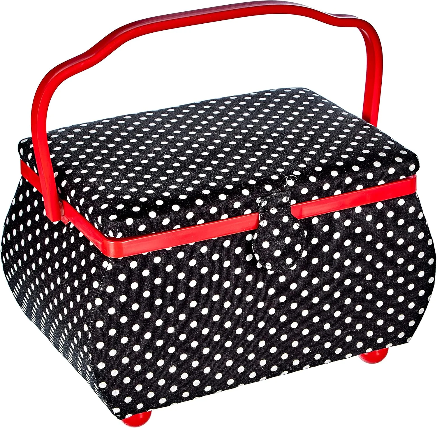 سبد خیاطی بزرگ با دسته طرح دار، پارچه خال خالی مشکی و سفید با حاشیه قرمز، جنس کتان، 32x20.5x20 سانتی متر، Prym