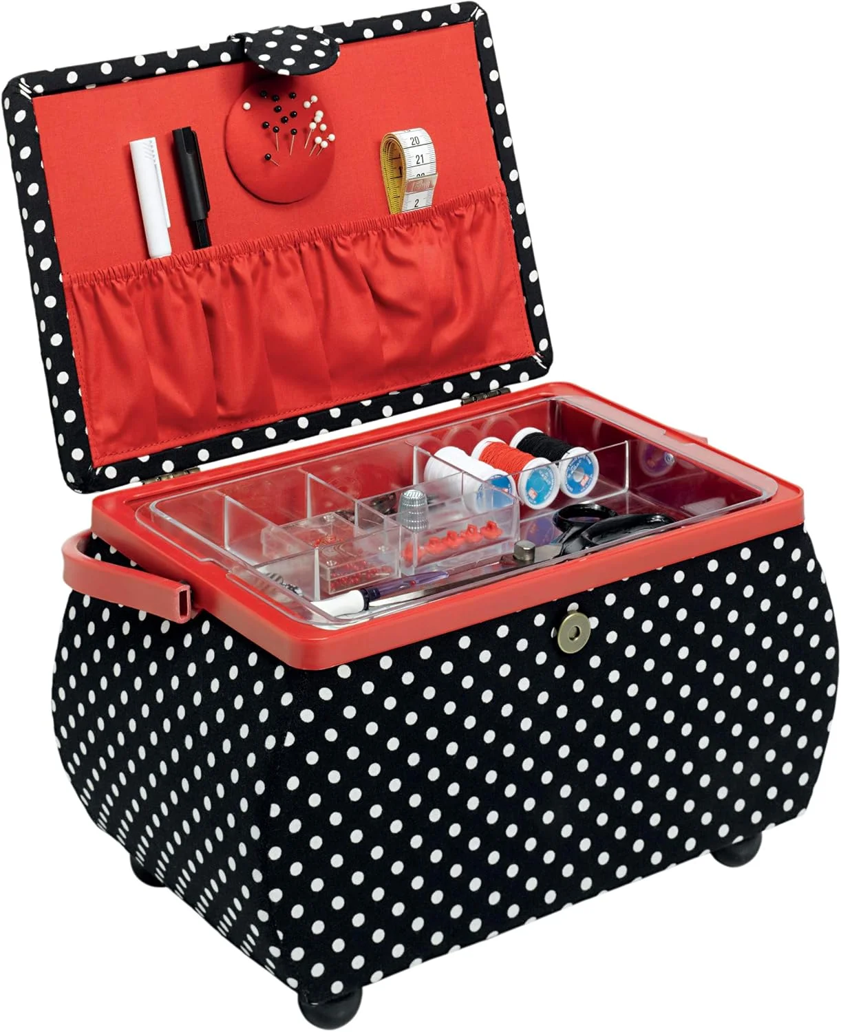 سبد خیاطی بزرگ با دسته طرح دار، پارچه خال خالی مشکی و سفید با حاشیه قرمز، جنس کتان، 32x20.5x20 سانتی متر، Prym