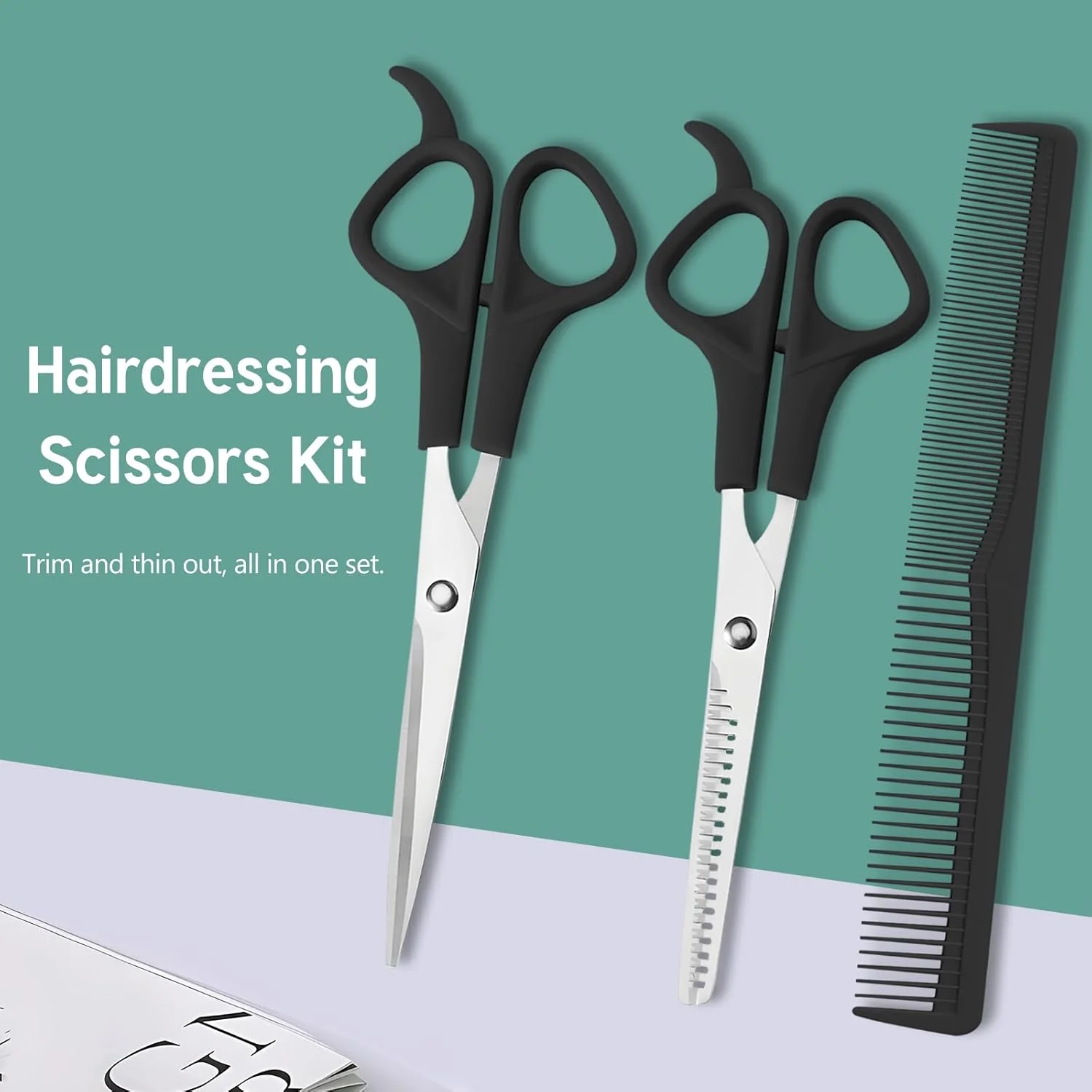 ست قیچی آرایشگری، قیچی پیتاژ و شانه، 2 عدد قیچی آرایشگری حرفه ای 6 اینچی استیل ضد زنگ با تیغه های تیز و 1 عدد شانه برای موی مردان، زنان، کودکان و حیوانات خانگی - مشکی