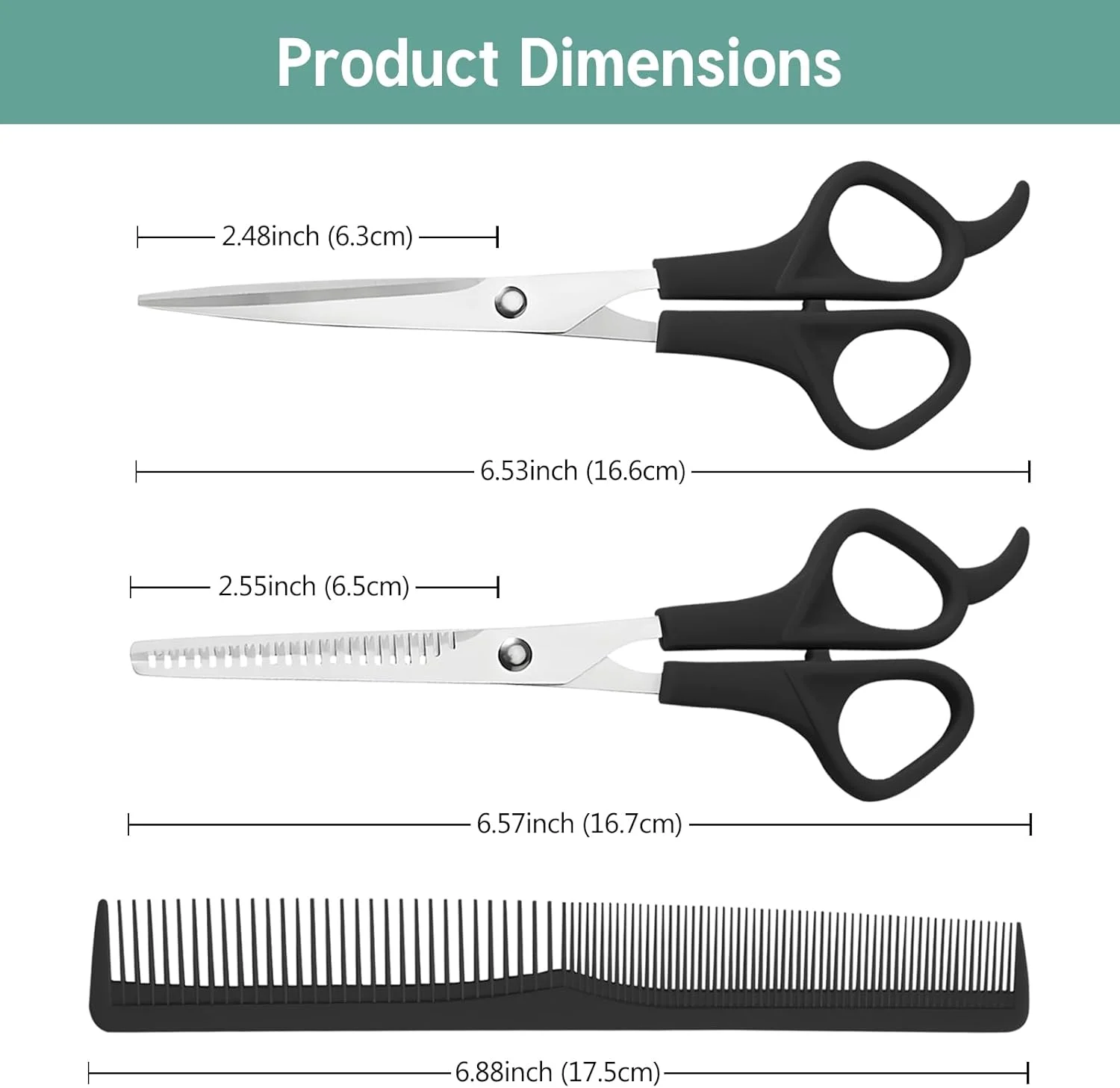 ست قیچی آرایشگری، قیچی پیتاژ و شانه، 2 عدد قیچی آرایشگری حرفه ای 6 اینچی استیل ضد زنگ با تیغه های تیز و 1 عدد شانه برای موی مردان، زنان، کودکان و حیوانات خانگی - مشکی