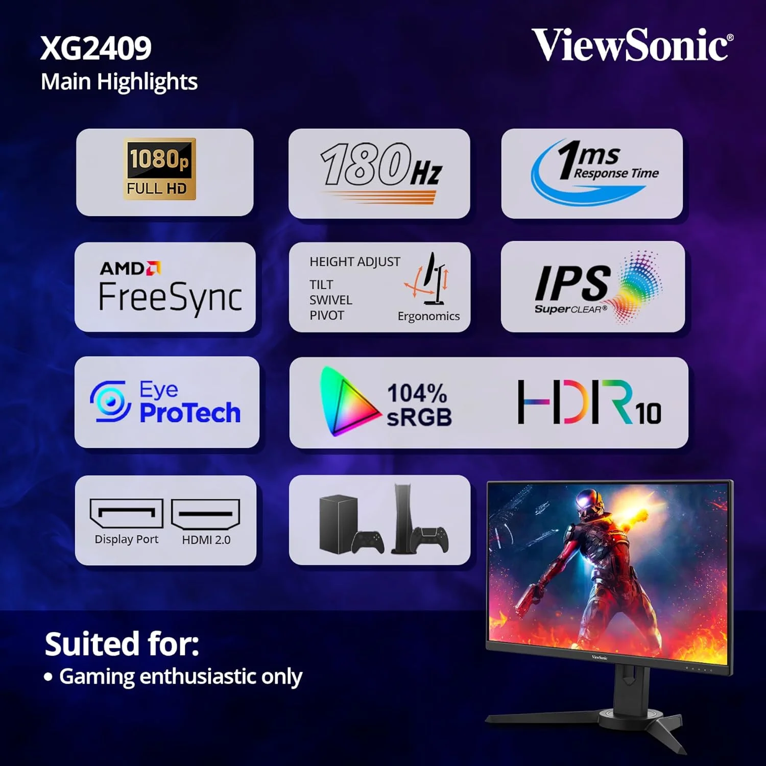 مانیتور گیمینگ 27 اینچی ویوسونیک XG2709 IPS FHD 1080p با نرخ بروزرسانی 180 هرتز، زمان پاسخگویی 1 میلی‌ثانیه، Adaptive-sync و پایه کاملاً ارگونومیک با قابلیت تنظیم 360 درجه