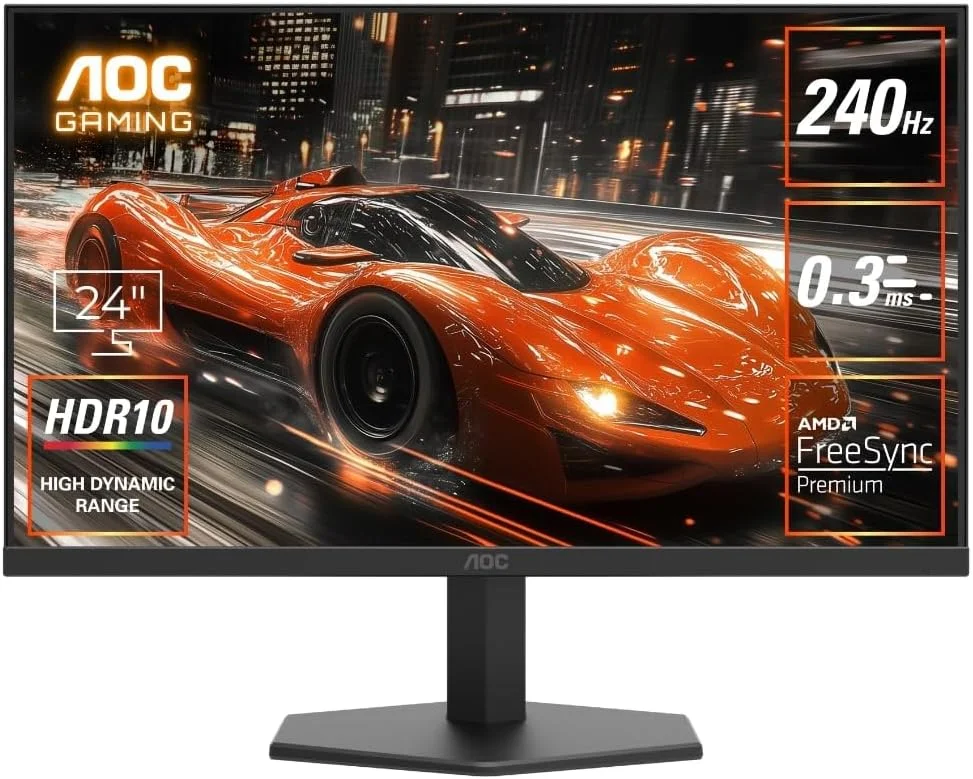 مانیتور گیمینگ 23.8 اینچی AOC 24G11ZE، 240 هرتز، 0.3 میلی‌ثانیه، FHD 1920 X 1080، Fast IPS، Adaptive Sync، HDR10، بدون حاشیه در 3 طرف، تاخیر ورودی کم، بدون پرش تصویر، حالت نور آبی کم