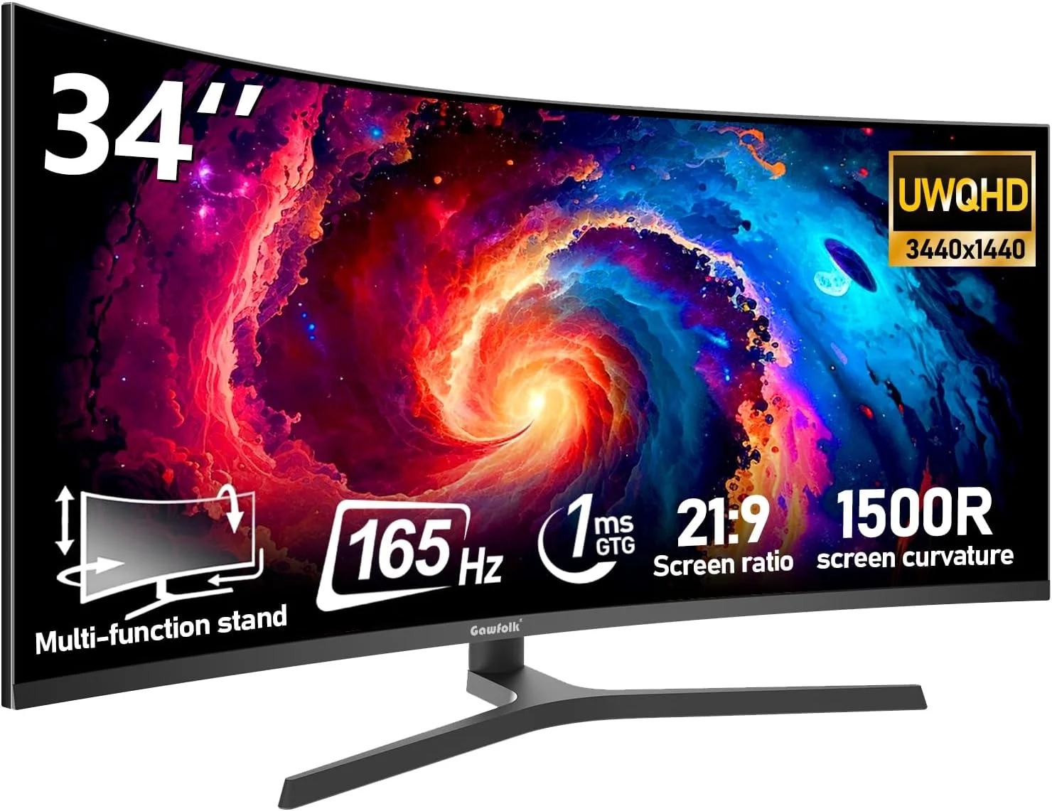 مانیتور گیمینگ 34 اینچی Gawfolk UWQHD 165Hz فوق عریض 21:9 خمیده 1500R مانیتور کامپیوتر 3440x1440 1ms(GTG) PBP/PIP FreeSync 99% sRGB HDR با قابلیت تنظیم شیب/ارتفاع/چرخش VESA