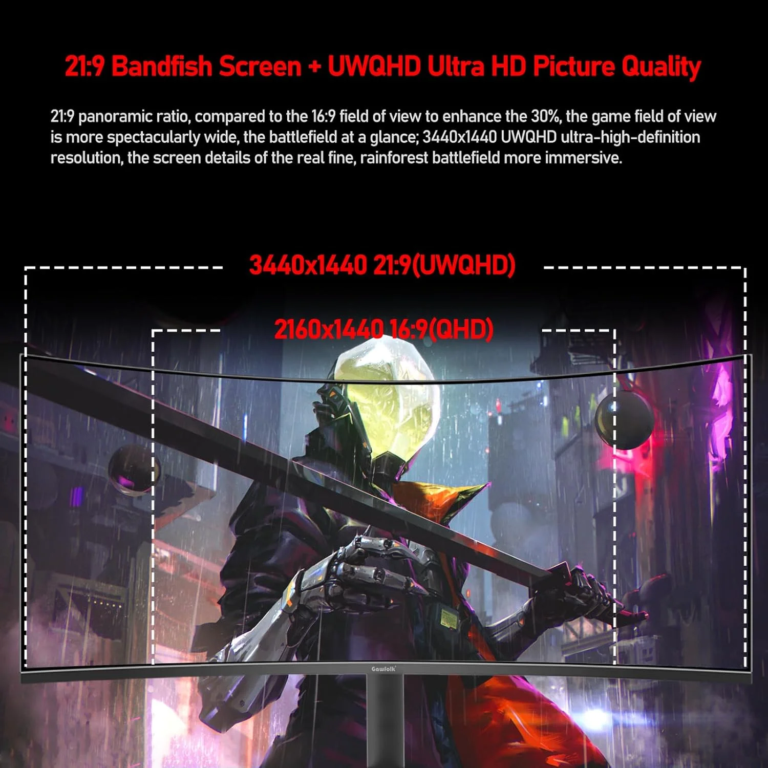 مانیتور گیمینگ 34 اینچی Gawfolk UWQHD 165Hz فوق عریض 21:9 خمیده 1500R مانیتور کامپیوتر 3440x1440 1ms(GTG) PBP/PIP FreeSync 99% sRGB HDR با قابلیت تنظیم شیب/ارتفاع/چرخش VESA