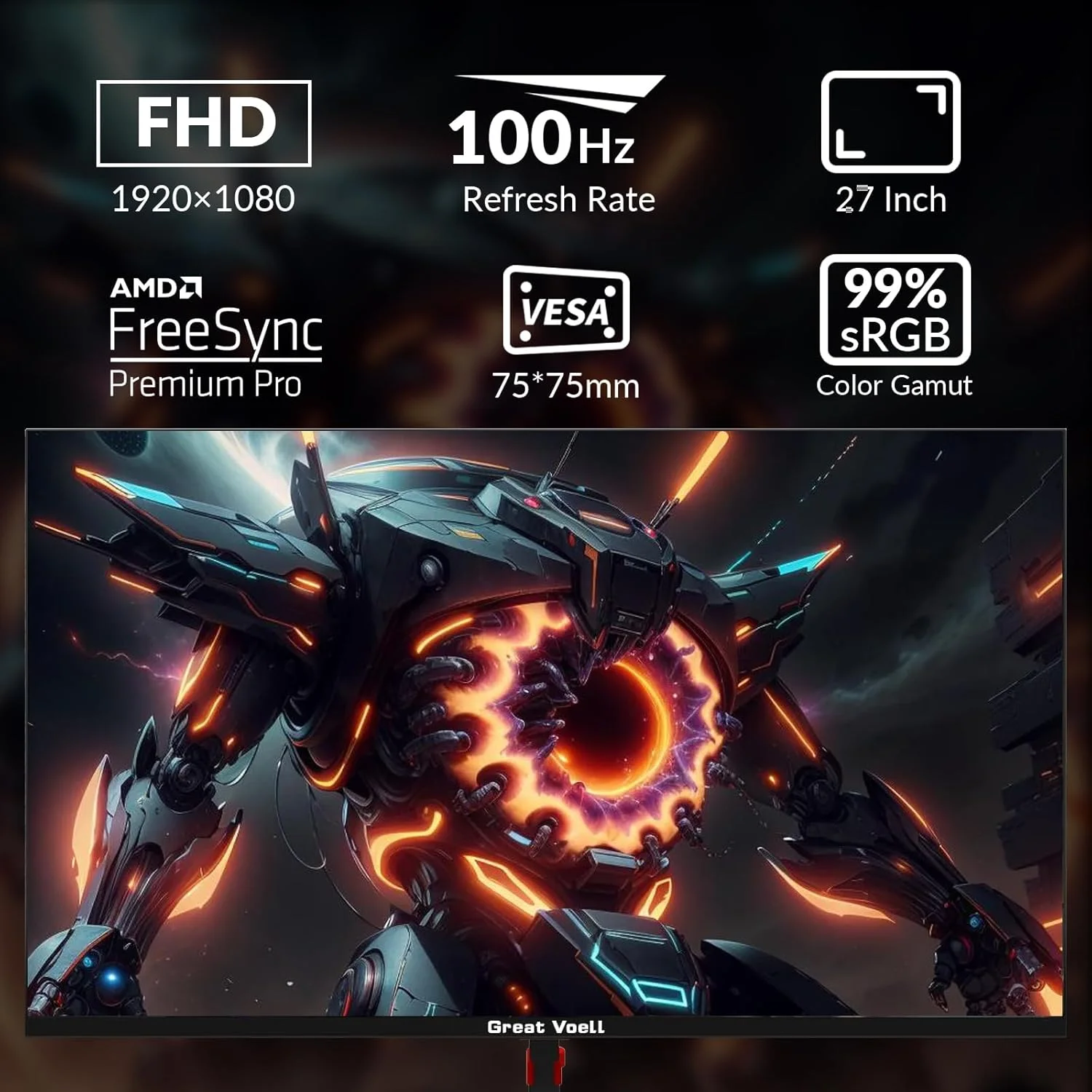 مانیتور گیمینگ 27 اینچی Great voell، 100 هرتز، FHD (1920x1080P)، HDR، پوشش 99% sRGB، FreeSync، بلندگوهای داخلی، نور ضد آبی، قابلیت نصب VESA، HDMI 2.0، قابلیت تنظیم شیب، صفحه نمایش 16:9 PC