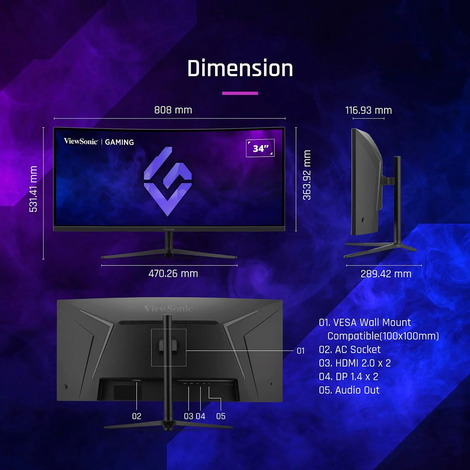 مانیتور 34 اینچی ویوسونیک VX3418-2KPC، UWQHD (UltraWide QHD)، نرخ نوسازی 180 هرتز، زمان پاسخگویی 1 میلی‌ثانیه، FreeSync Premium، پایه قابل تنظیم، HDMI 2.0: 2