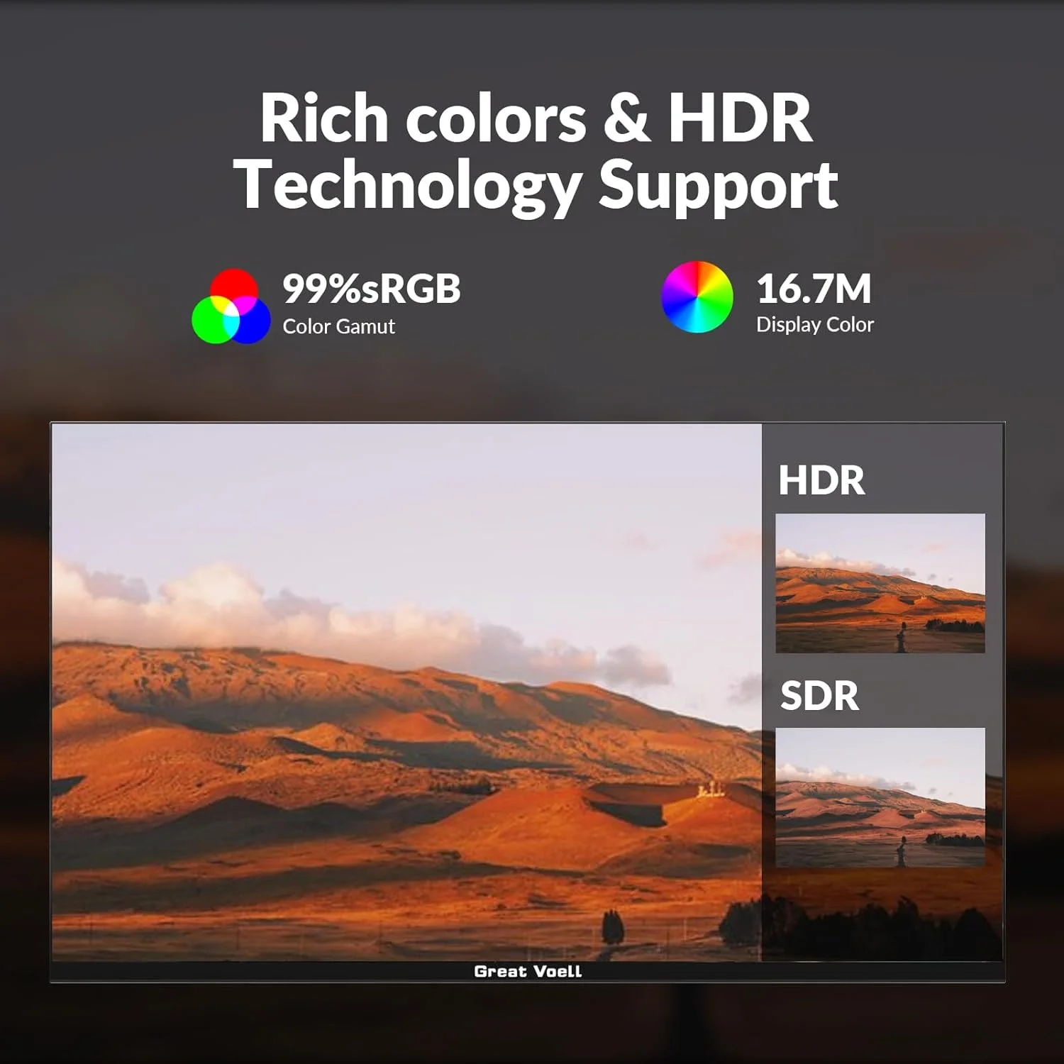 مانیتور گیمینگ 27 اینچی Great voell، 100 هرتز، FHD (1920x1080P)، HDR، پوشش 99% sRGB، FreeSync، بلندگوهای داخلی، نور ضد آبی، قابلیت نصب VESA، HDMI 2.0، قابلیت تنظیم شیب، صفحه نمایش 16:9 PC
