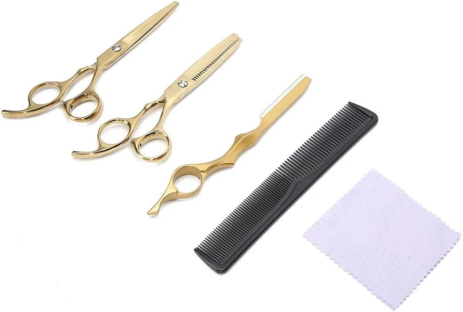 قیچی آرایشگری مو، قیچی مو، ست قیچی آرایشگری تیغ شانه ابزار حالت دهی مو طلایی