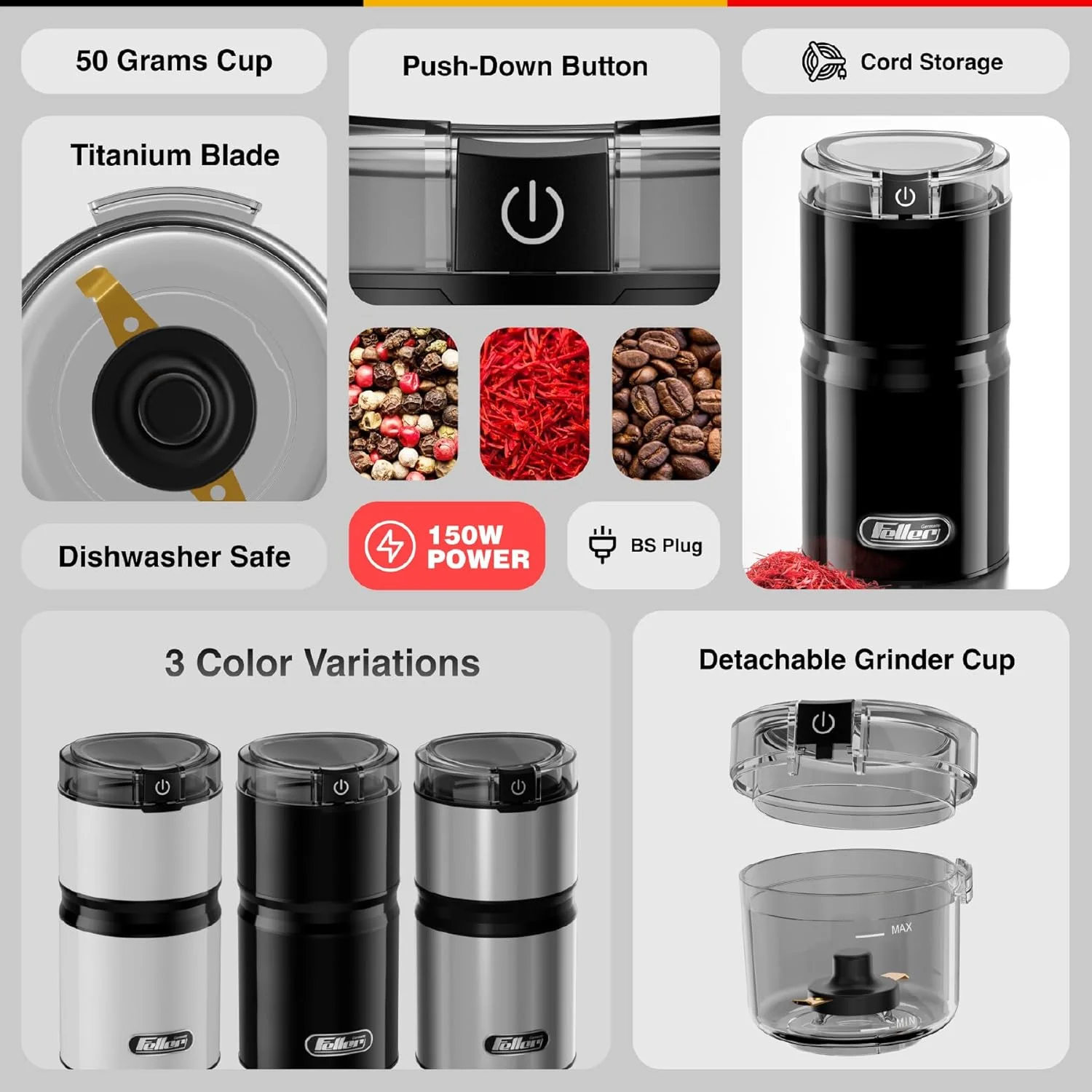 آسیاب قهوه/ادویه برقی فلر آلمان، توان 150 وات، تیغه ممتاز با روکش تیتانیوم، کلید ایمنی، فنجان جداشدنی، فاقد BPA، مدل EG151، نسخه امارات (مشکی) آسیاب قهوه/ادویه برقی فلر آلمان، توان 150 وات، تیغه ممتاز با روکش تیتانیوم، کلید ایمنی، فنجان جداشدنی، فاقد BPA، مدل EG151، نسخه امارات (مشکی)