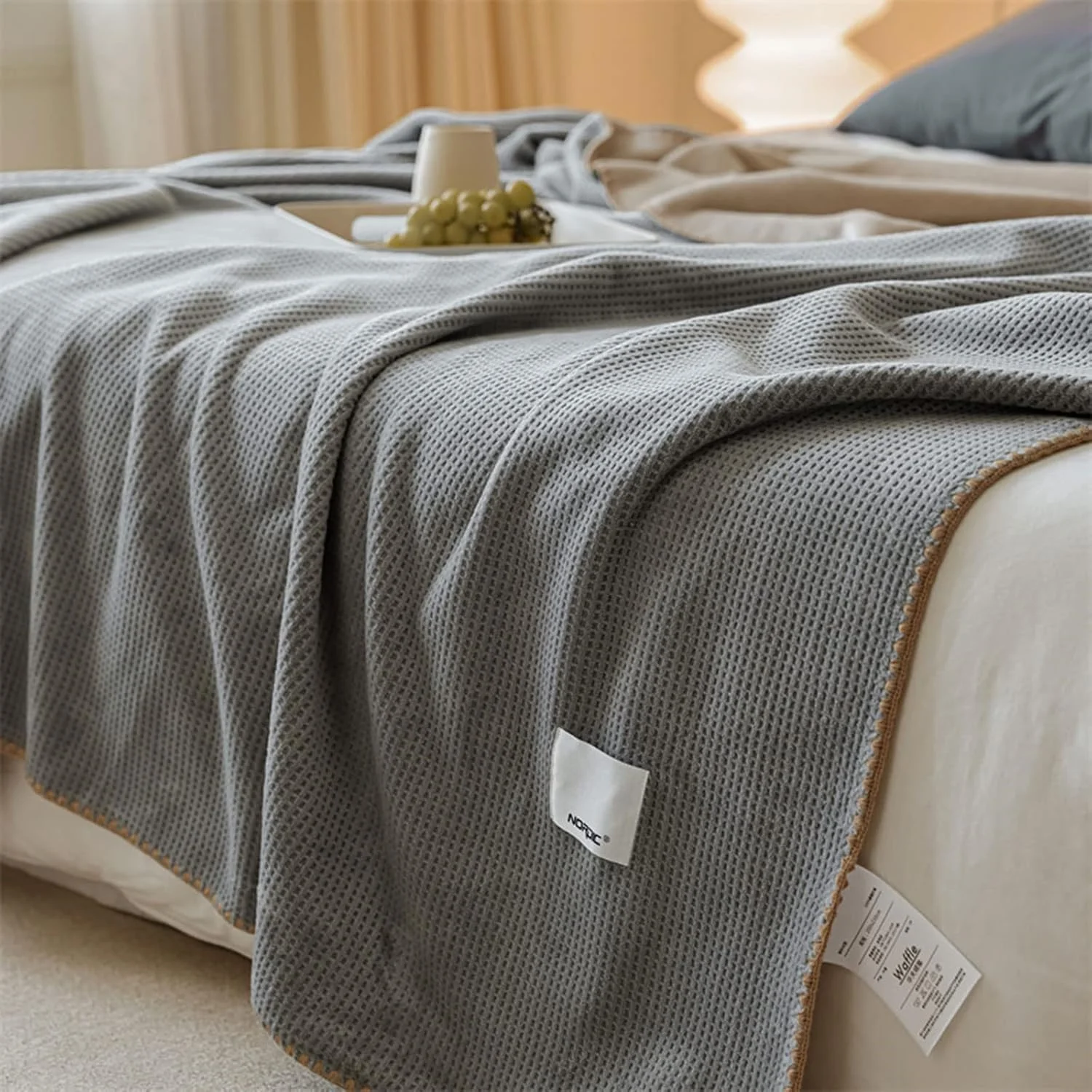 پتو تخت خوابی پلار وافل Xrare سایز دو نفره، پتو دو رو برای تخت، مسافرت، مبل، 180 در 200 سانتی متر، خاکستری-زردآلویی