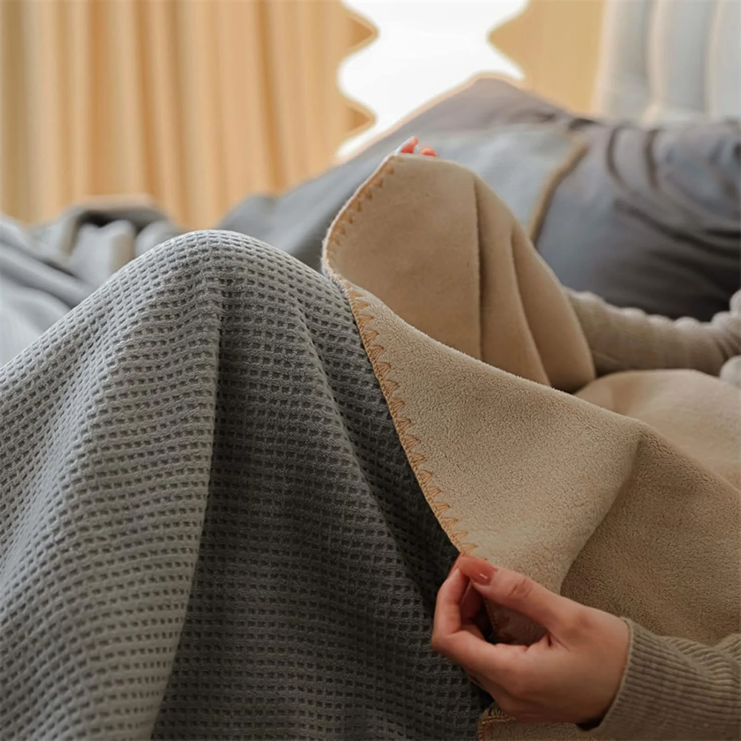 پتو تخت خوابی پلار وافل Xrare سایز دو نفره، پتو دو رو برای تخت، مسافرت، مبل، 180 در 200 سانتی متر، خاکستری-زردآلویی