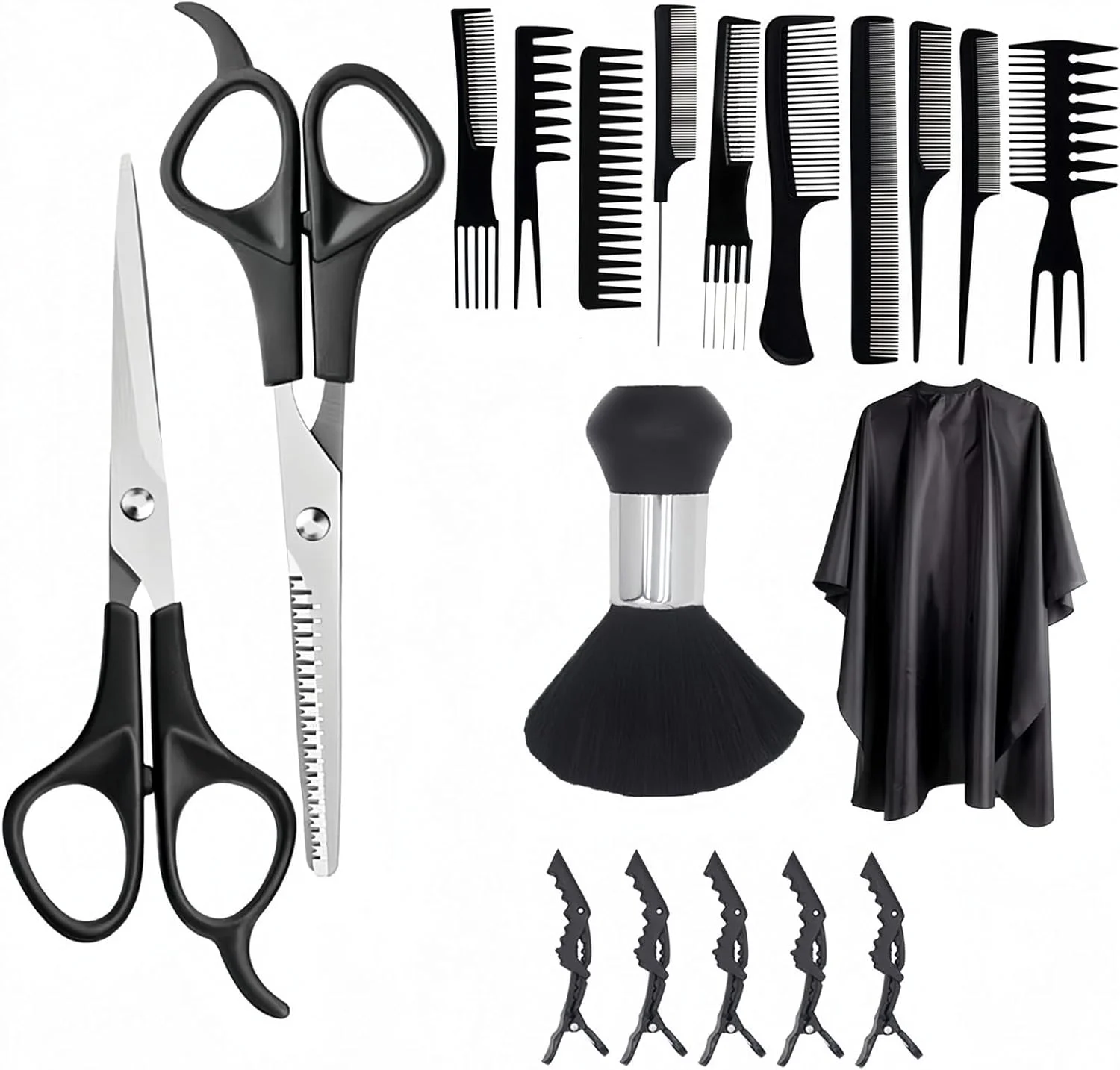 ست قیچی آرایشگری 19 تکه، کیت قیچی اصلاح حرفه ای مو با قیچی برش، قیچی پیتاژ، شانه، شنل، گیره، ست قیچی آرایشگری مشکی برای آرایشگر، سالن، خانه