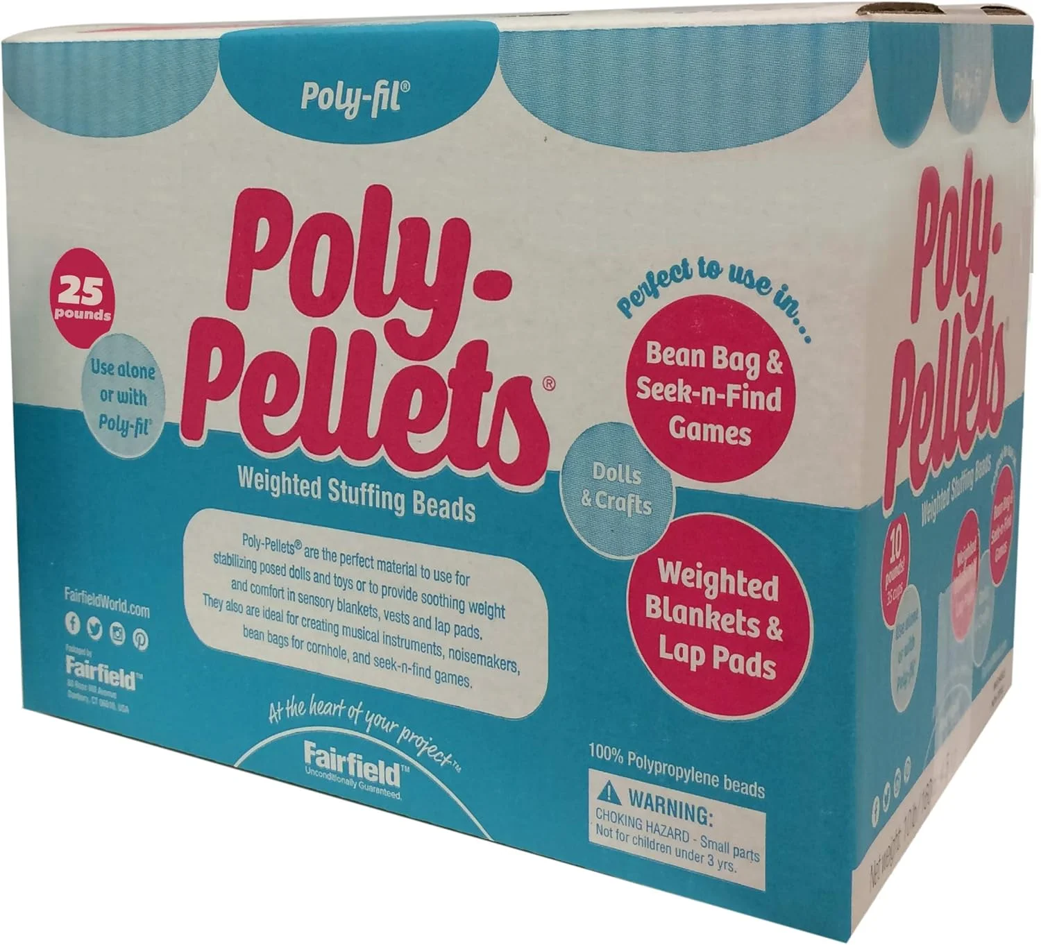 مهره های پرکننده پلی استر وزن دار پریمیوم Fairfield Poly-Fil Poly-Pellets، مناسب برای پر کردن حیوانات عروسکی، اسباب بازی ها، کیسه های لوبیا، پتوهای وزن دار و موارد دیگر، جعبه 25 پوندی
