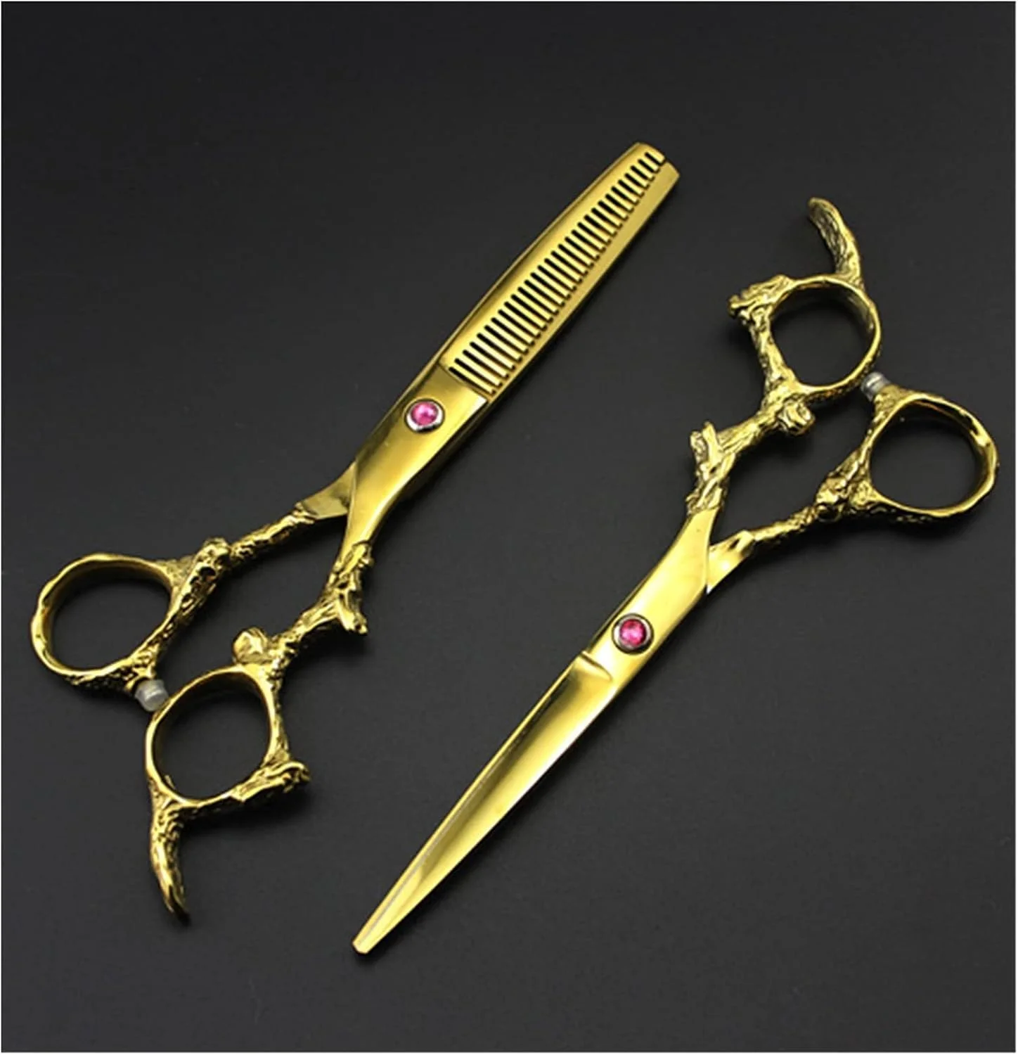 قیچی آرایشگری مو، ست آرایشگری طلایی 6 اینچی، آرایشگری و کم پشت کننده با دسته اژدها تزئینی، قیچی آرایشگاه