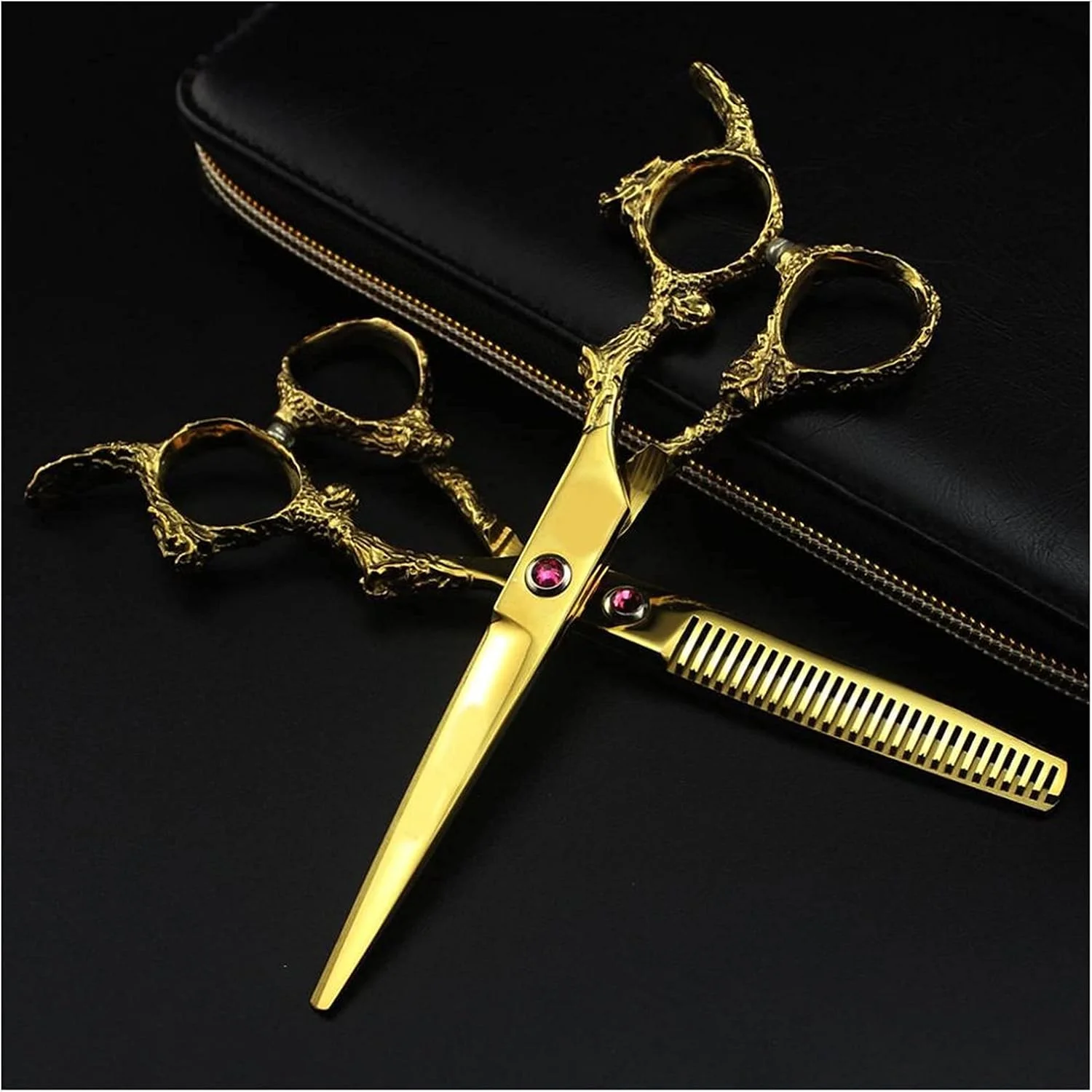 قیچی آرایشگری مو، ست آرایشگری طلایی 6 اینچی، آرایشگری و کم پشت کننده با دسته اژدها تزئینی، قیچی آرایشگاه